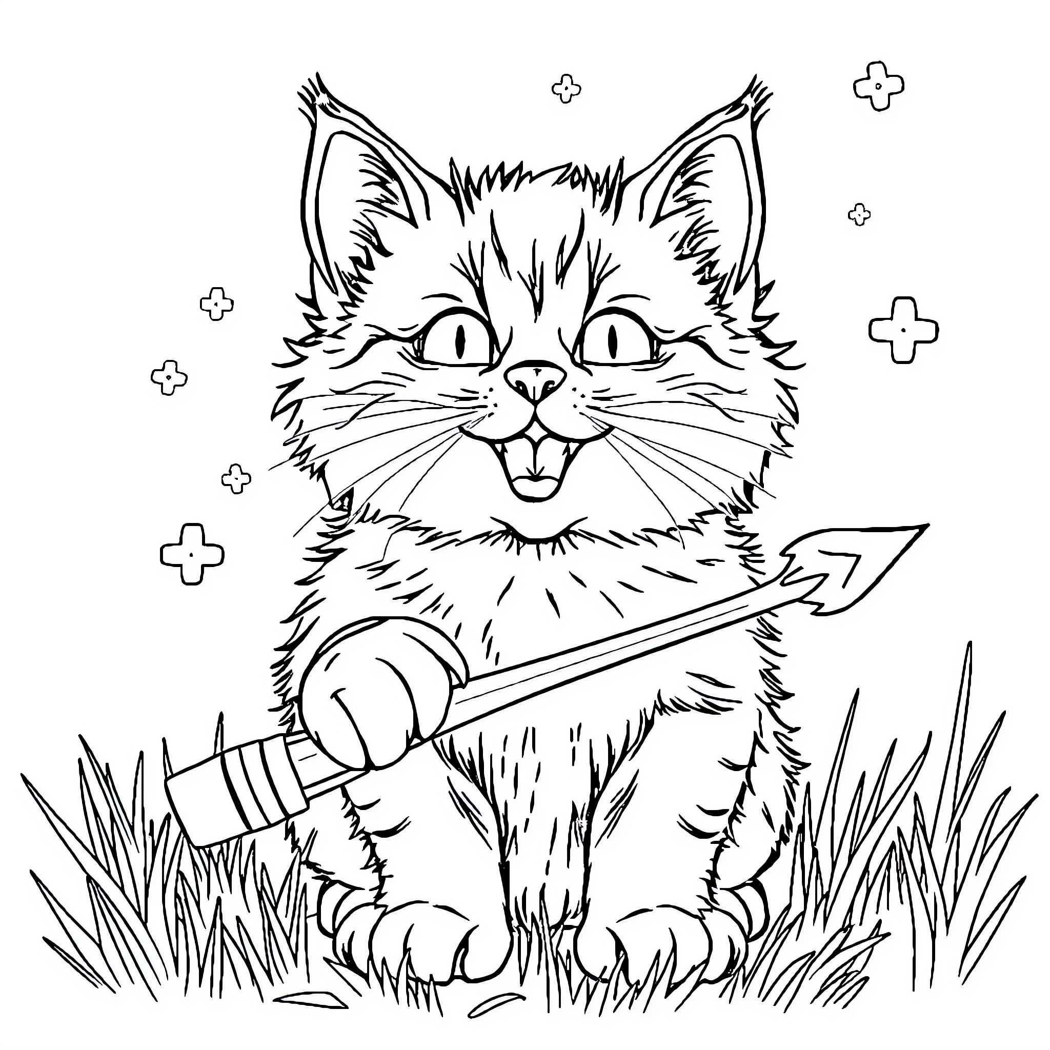 Cat holding arrow in grassy field Coloring Page (free black-and-white line drawing printable PDF for all, from beginners to advanced learners, including children, teens, adults, and seniors)