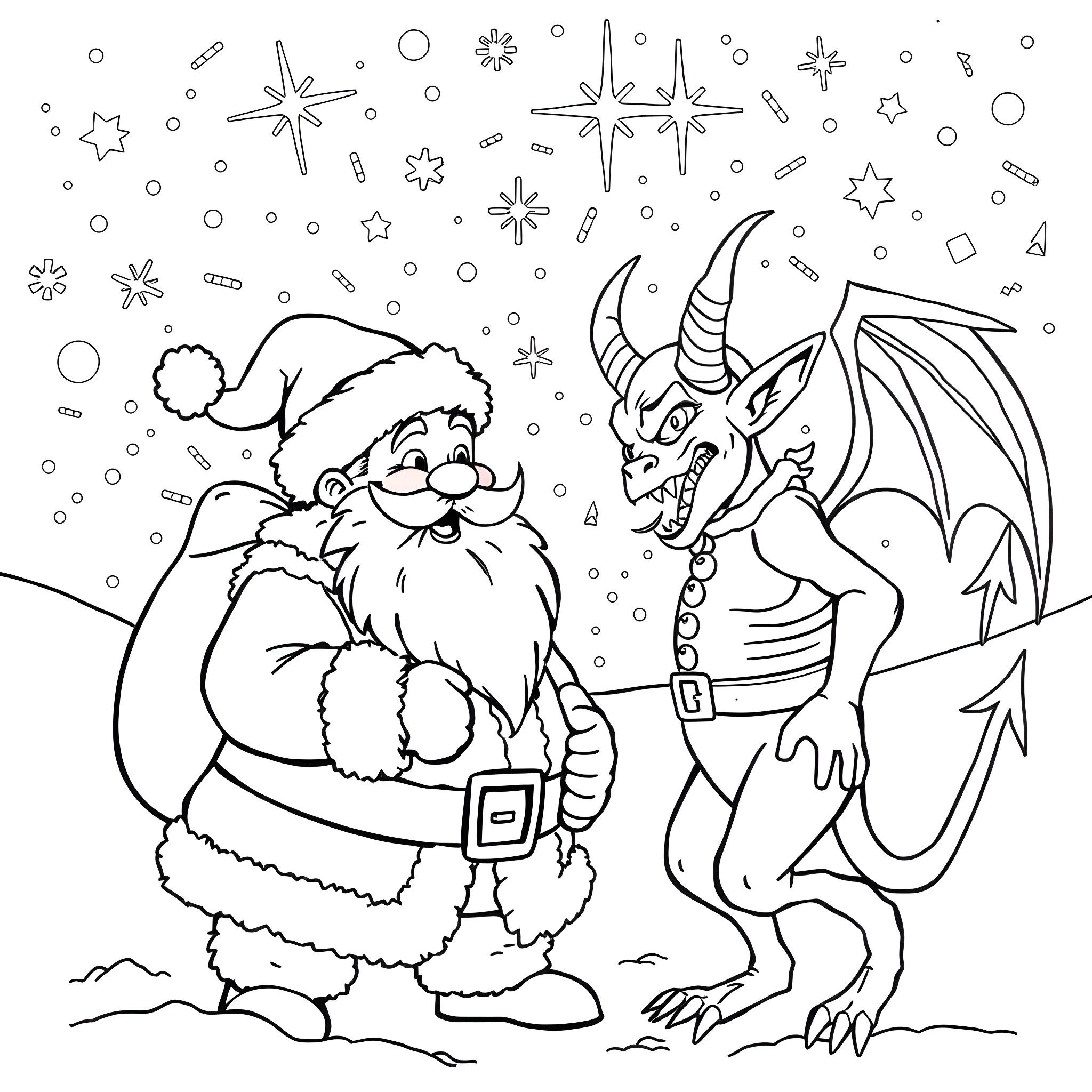 Santa Claus and Magical Christmas Dragon Coloring Page (free black-and-white line drawing printable PDF for all, from beginners to advanced learners, including children, teens, adults, and seniors)