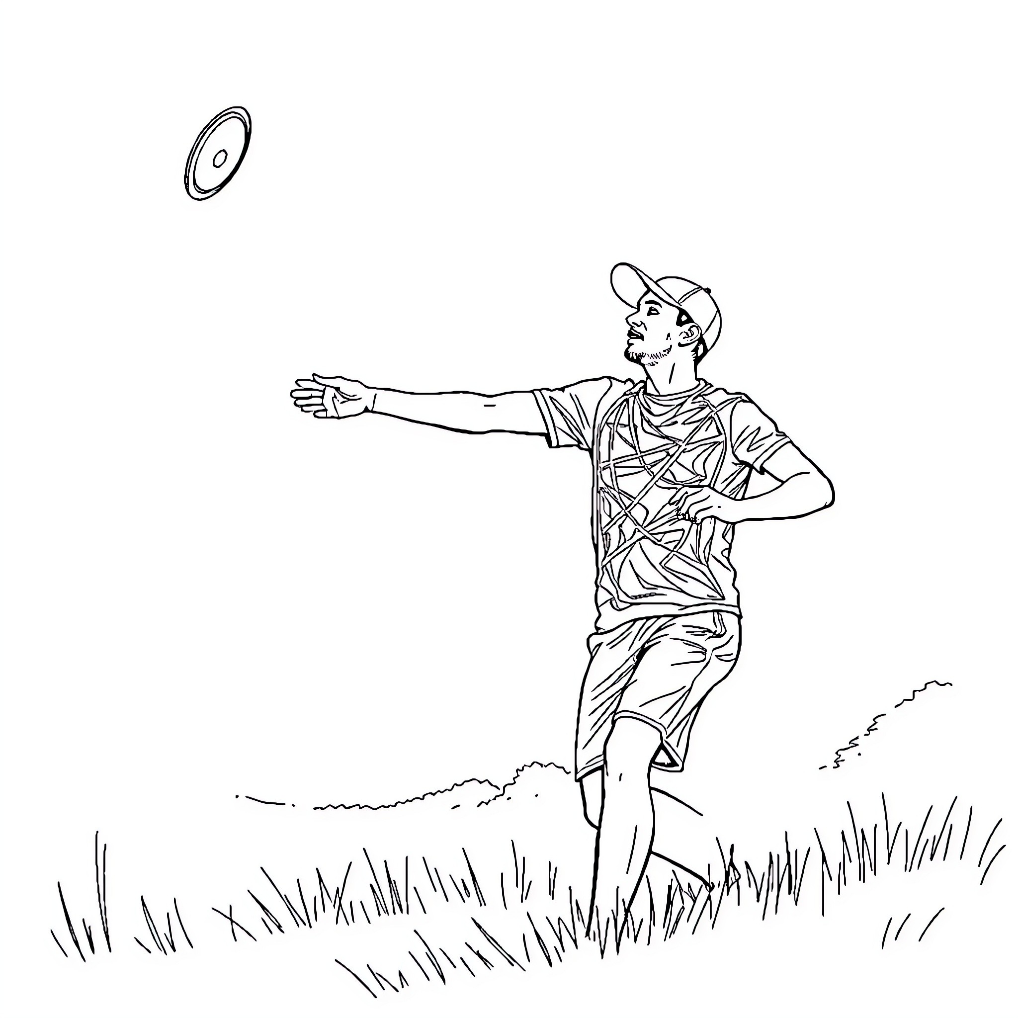 James Conrad throwing frisbee in the park Coloring Page (free black-and-white line drawing printable PDF for all, from beginners to advanced learners, including children, teens, adults, and seniors)
