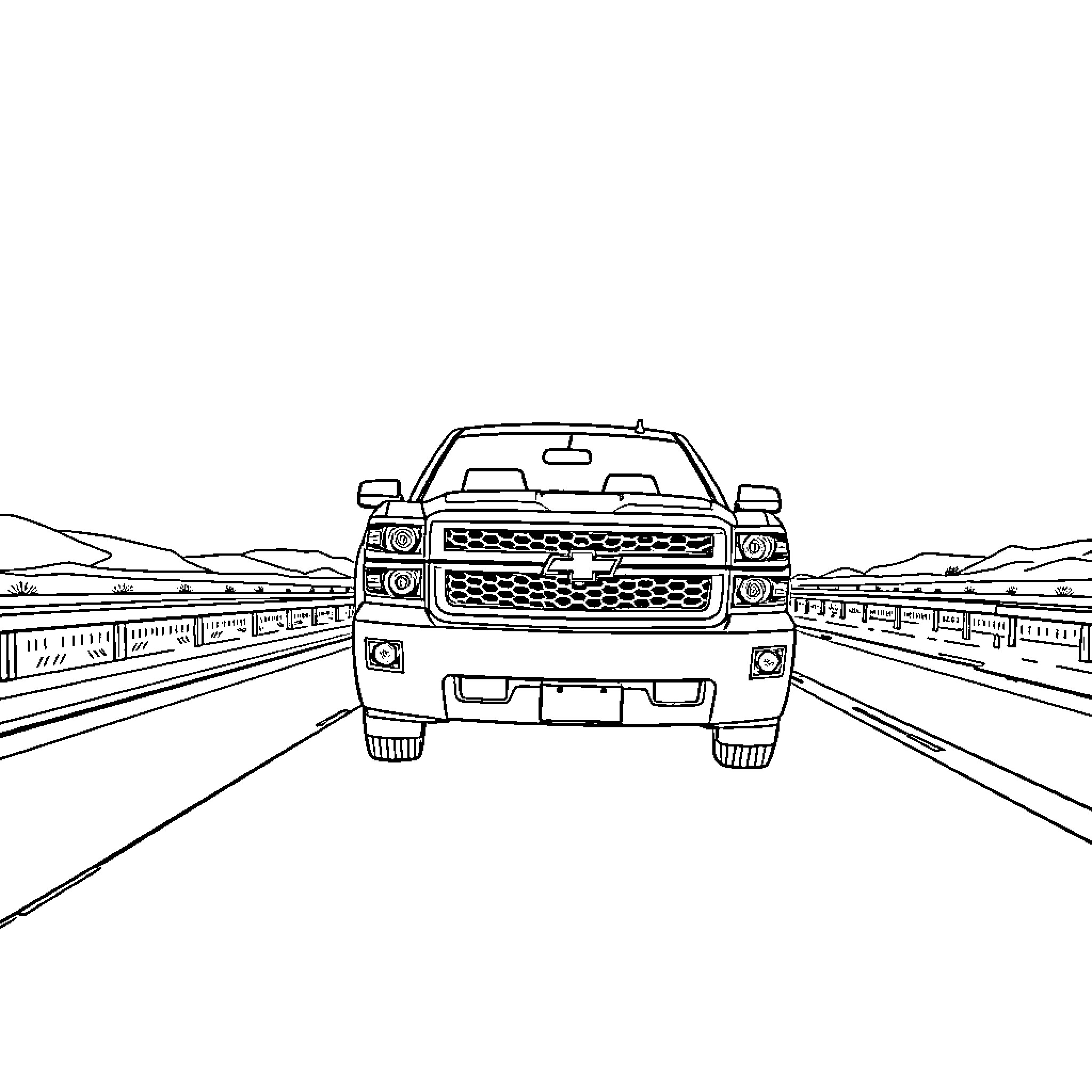 Silverado Truck Driving on a Highway Coloring Page (free black-and-white line drawing printable PDF for all, from beginners to advanced learners, including children, teens, adults, and seniors)