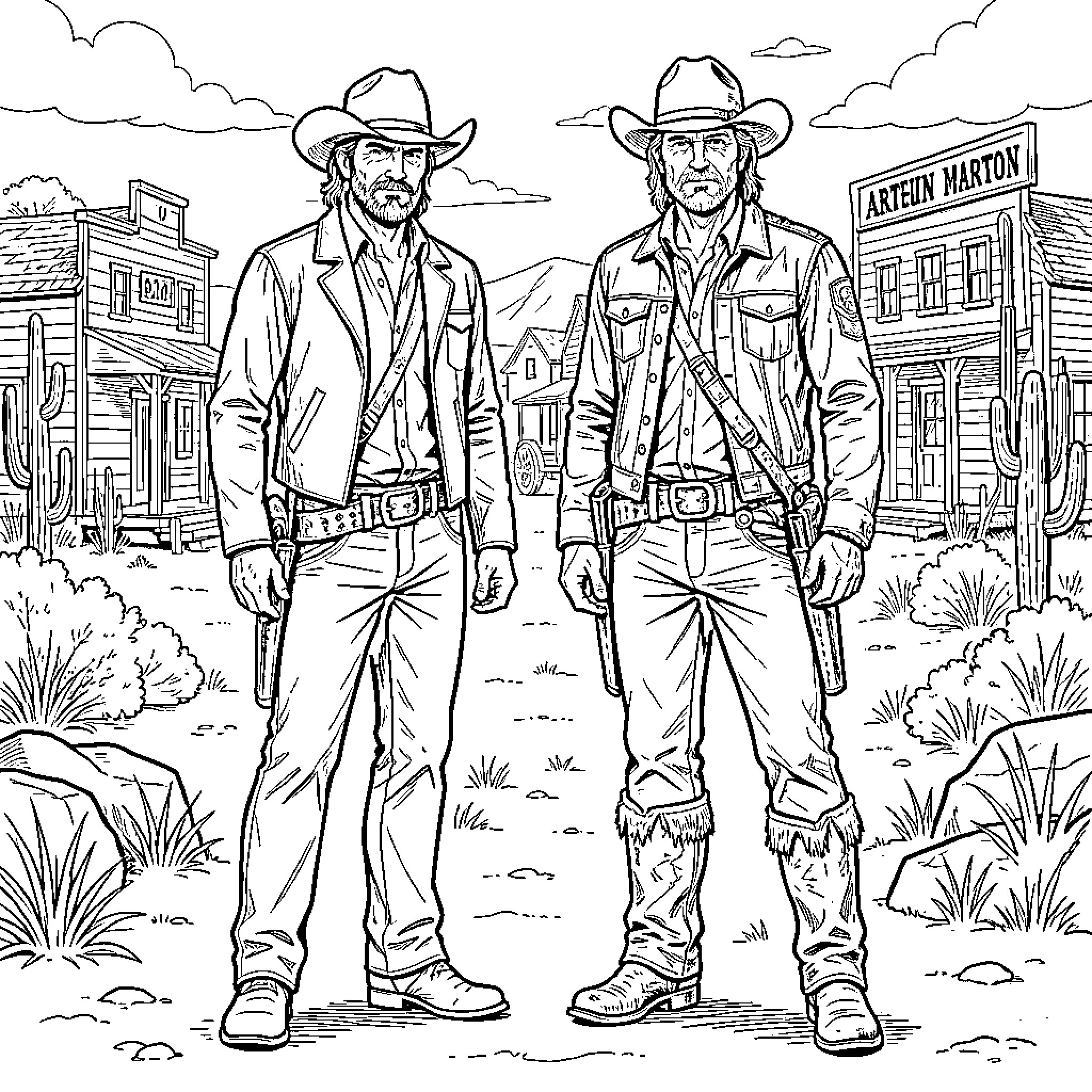 Arthur Morgan and companion in the Wild West Coloring Page (free black-and-white line drawing printable PDF for all, from beginners to advanced learners, including children, teens, adults, and seniors)