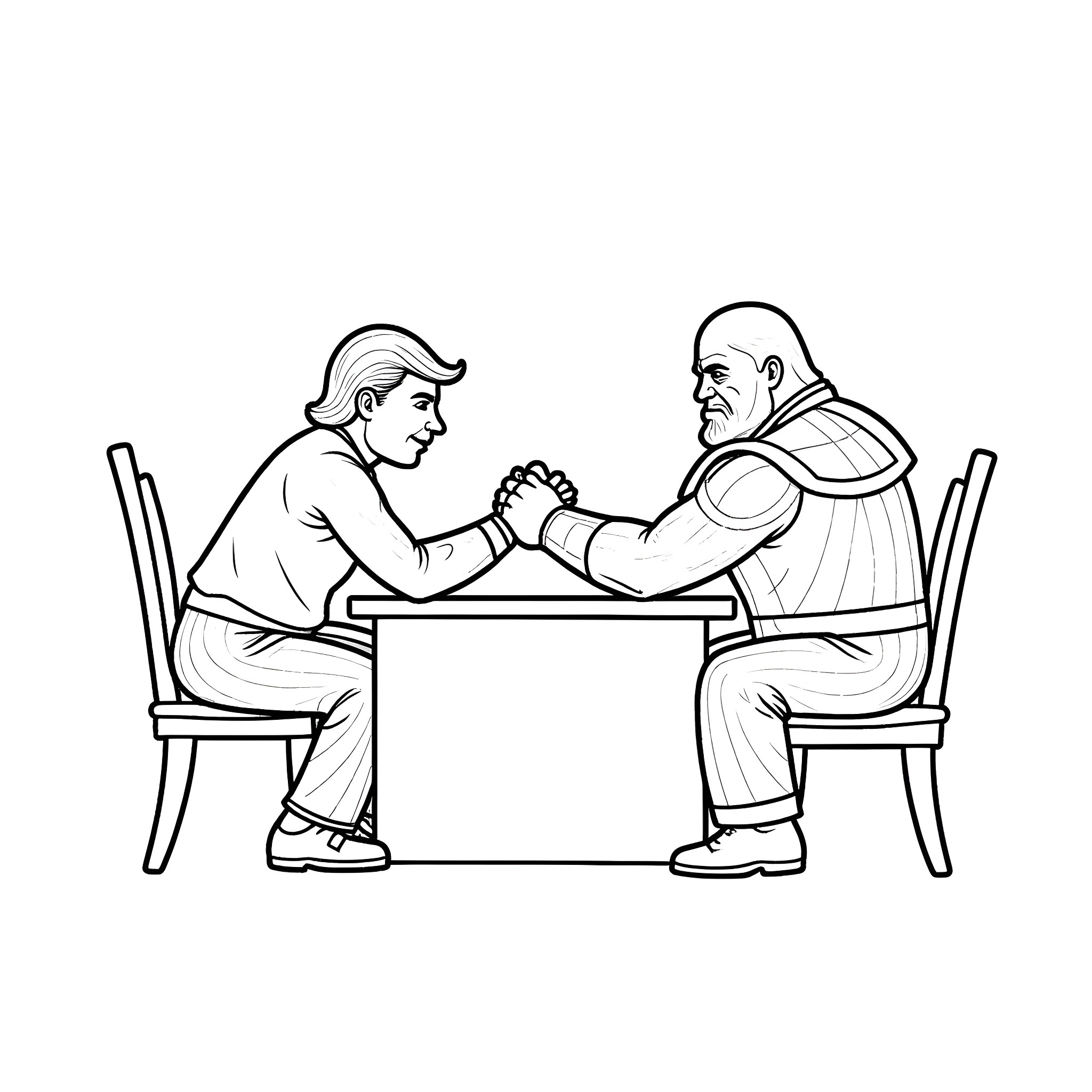 Donald Trump and Pope Francis arm wrestling at table Coloring Page (free black-and-white line drawing printable PDF for all, from beginners to advanced learners, including children, teens, adults, and seniors)