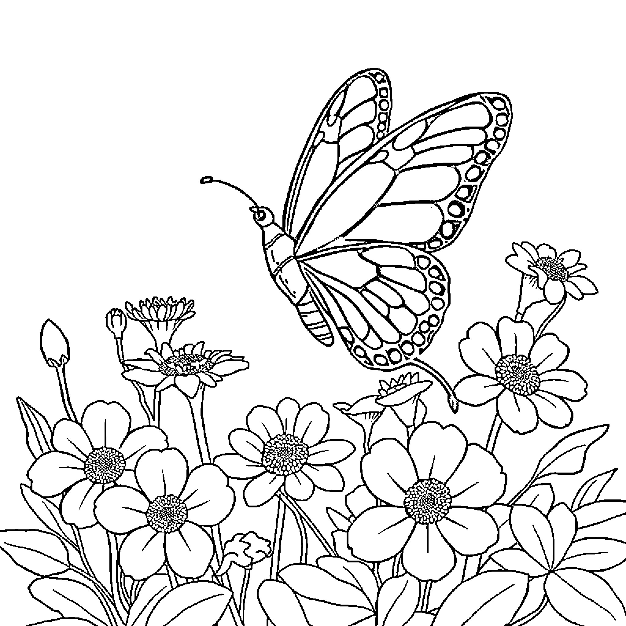 Butterfly among vibrant flowers Coloring Page (free black-and-white line drawing printable PDF for all, from beginners to advanced learners, including children, teens, adults, and seniors)