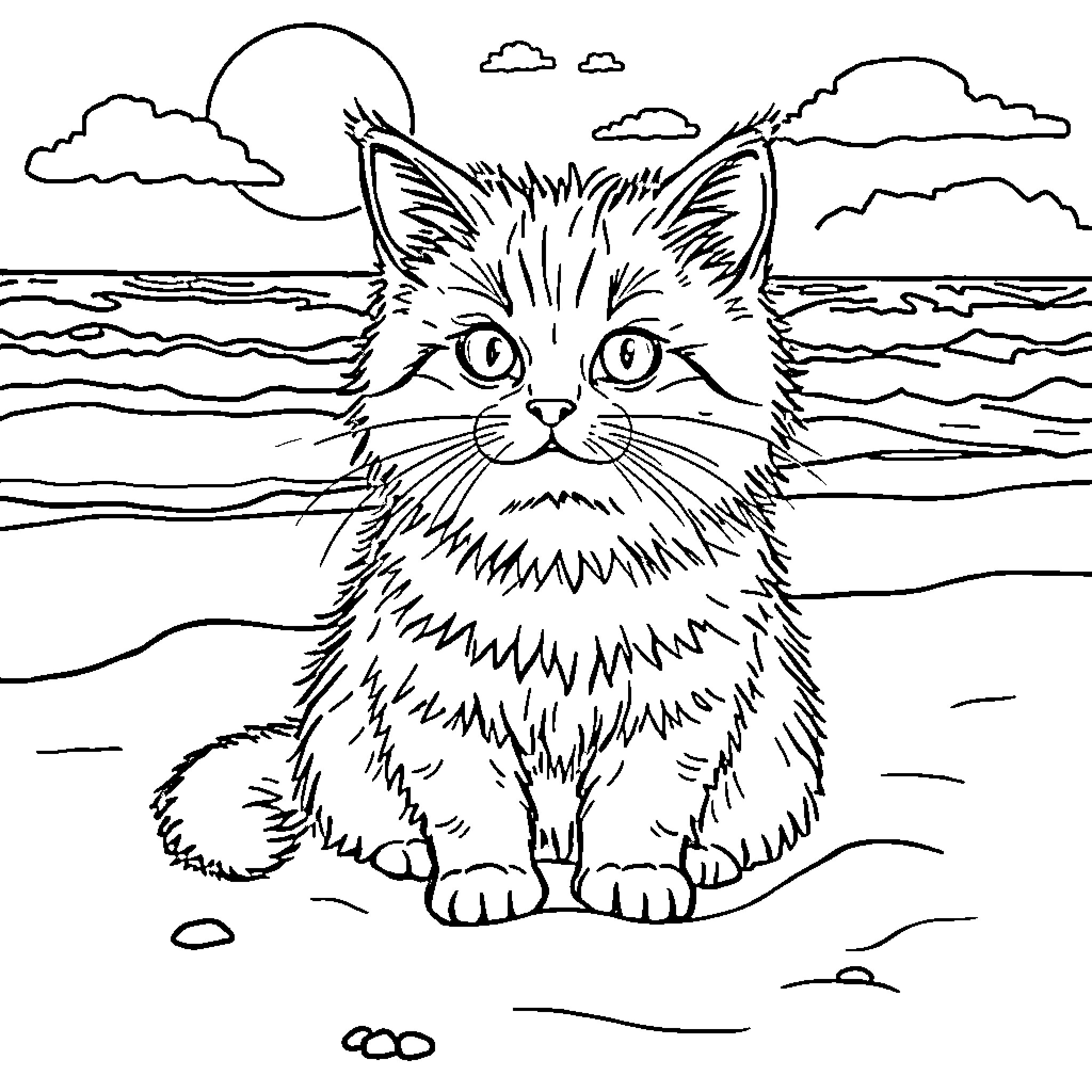 Cat by the Serene Beach at Sunset Coloring Page (free black-and-white line drawing printable PDF for all, from beginners to advanced learners, including children, teens, adults, and seniors)