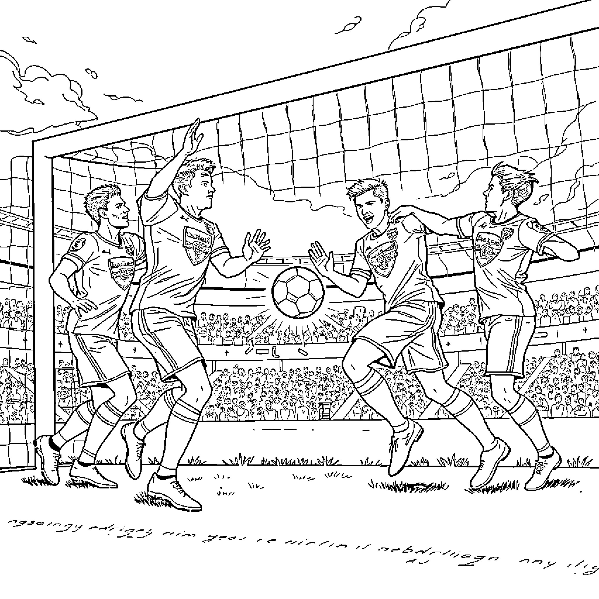 Arsenal players in an intense football match Coloring Page (free black-and-white line drawing printable PDF for all, from beginners to advanced learners, including children, teens, adults, and seniors)