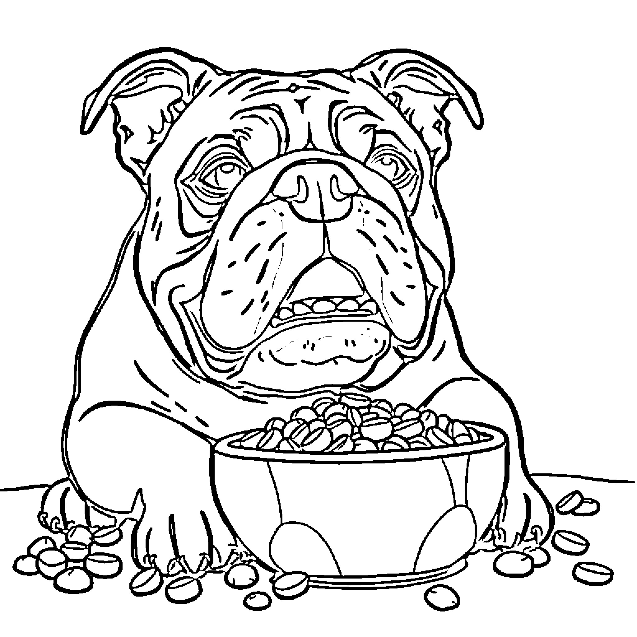 Bulldog enjoying a bowl of treats Coloring Page (free black-and-white line drawing printable PDF for all, from beginners to advanced learners, including children, teens, adults, and seniors)