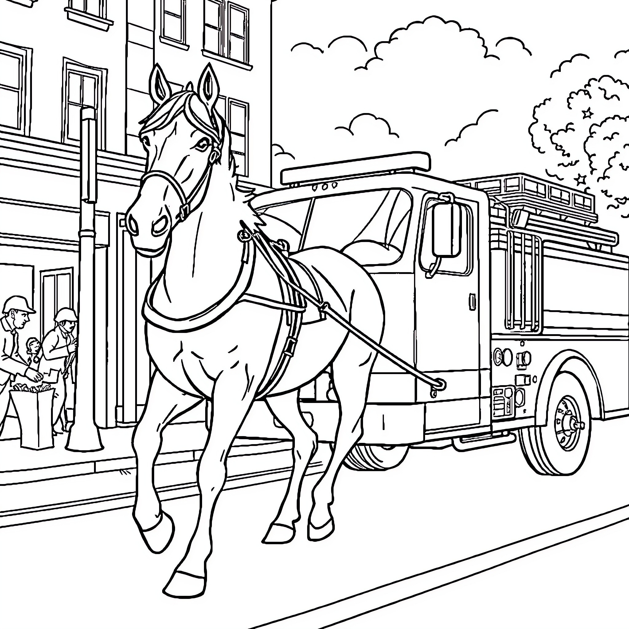 Horse pulling fire truck in the city Coloring Page (free black-and-white line drawing printable PDF for all, from beginners to advanced learners, including children, teens, adults, and seniors)