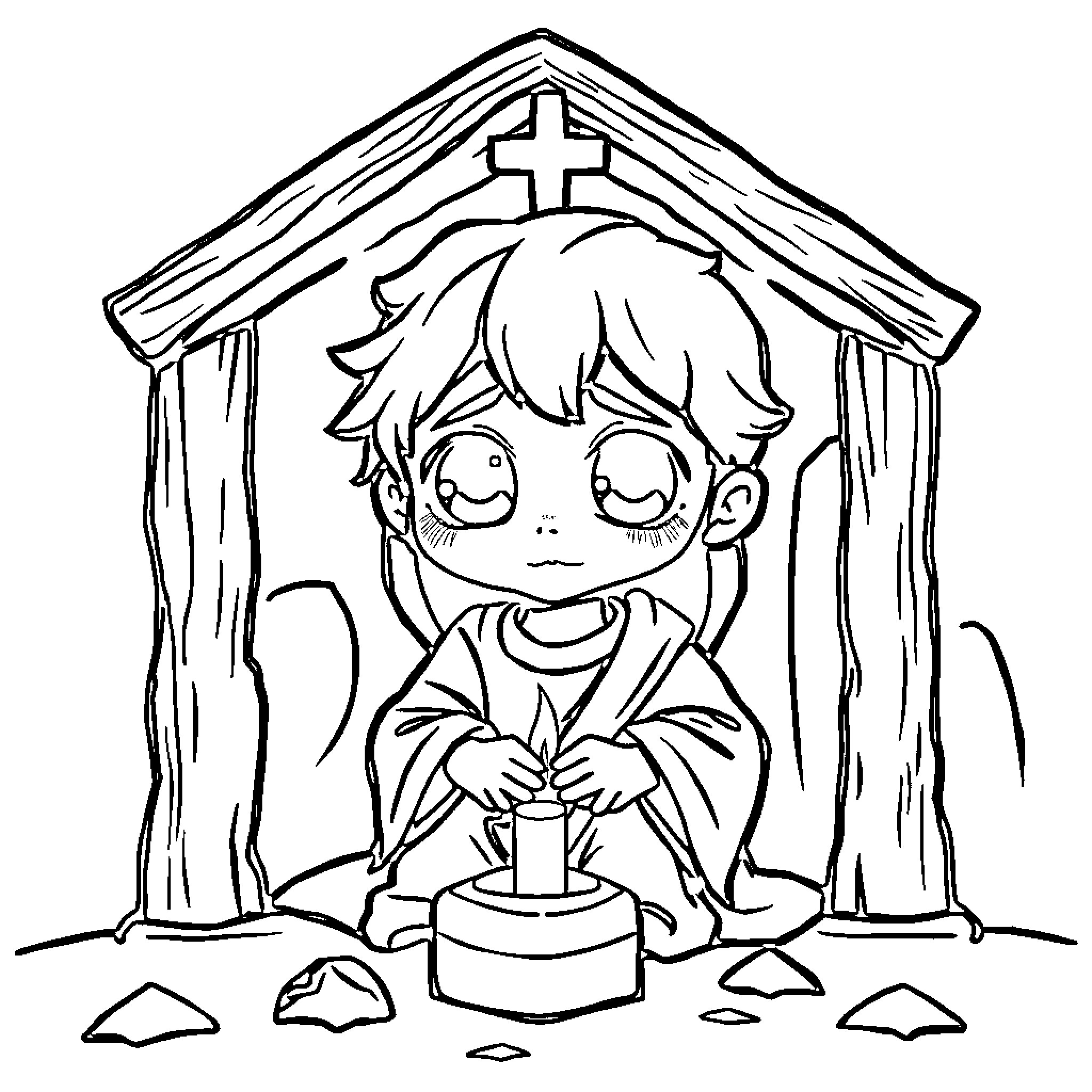 Apostle in a Quaint Church Setting Coloring Page (free black-and-white line drawing printable PDF for all, from beginners to advanced learners, including children, teens, adults, and seniors)