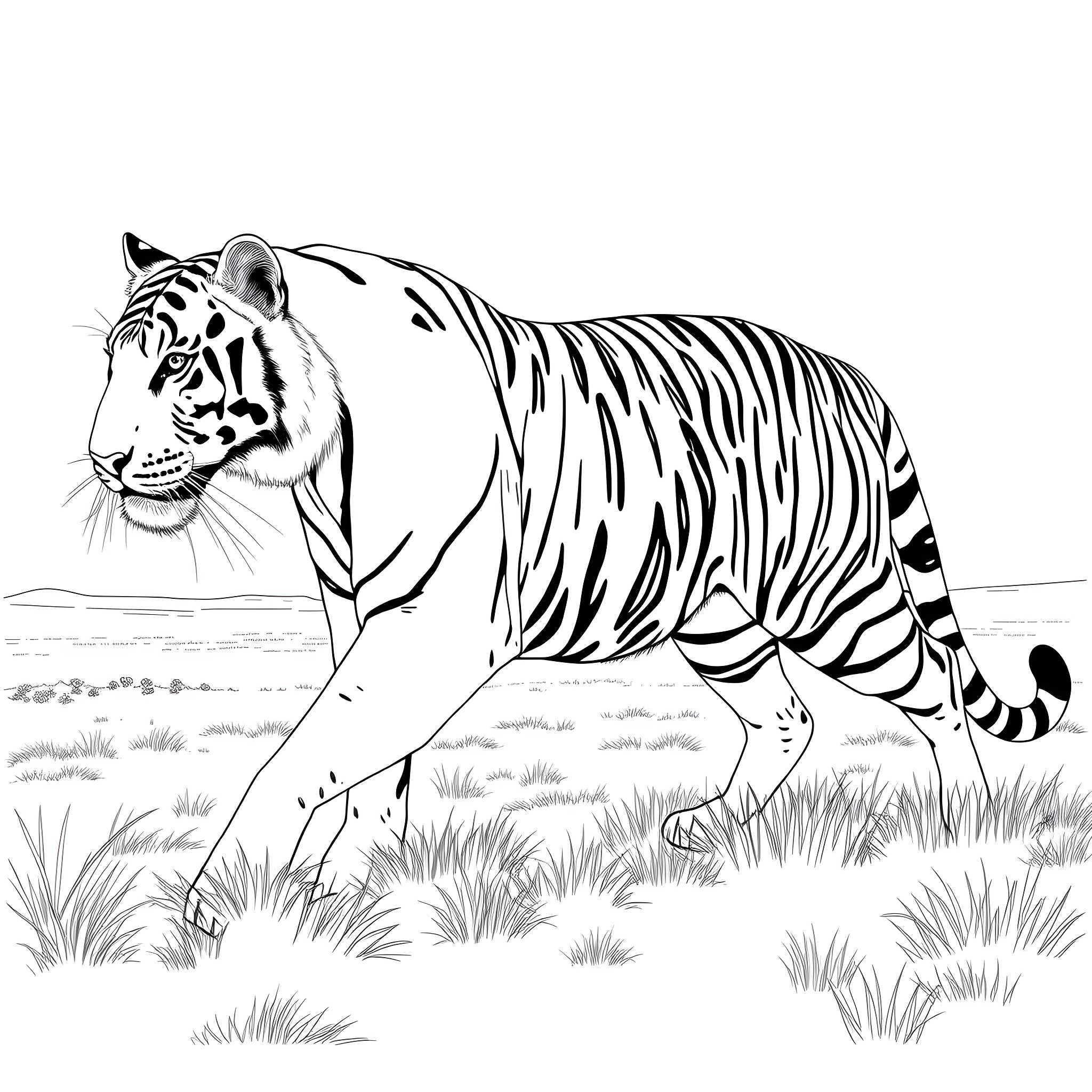 Tiger prowling through the grasslands Coloring Page (free black-and-white line drawing printable PDF for all, from beginners to advanced learners, including children, teens, adults, and seniors)