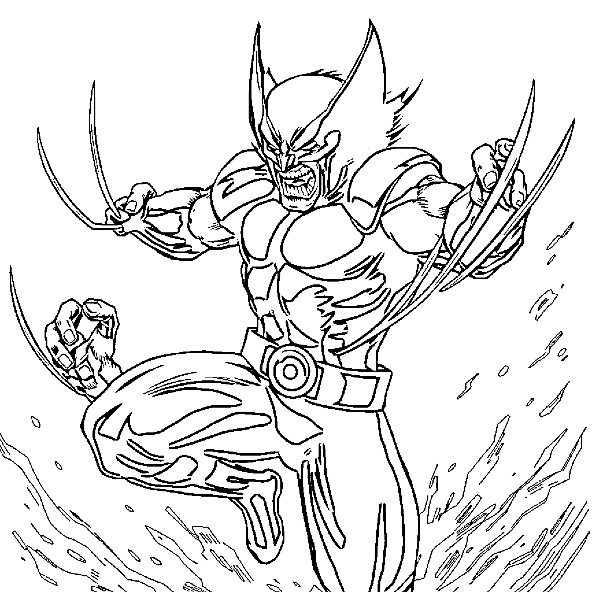 Wolverine unleashing his claws in fierce battle Coloring Page (free black-and-white line drawing printable PDF for all, from beginners to advanced learners, including children, teens, adults, and seniors)