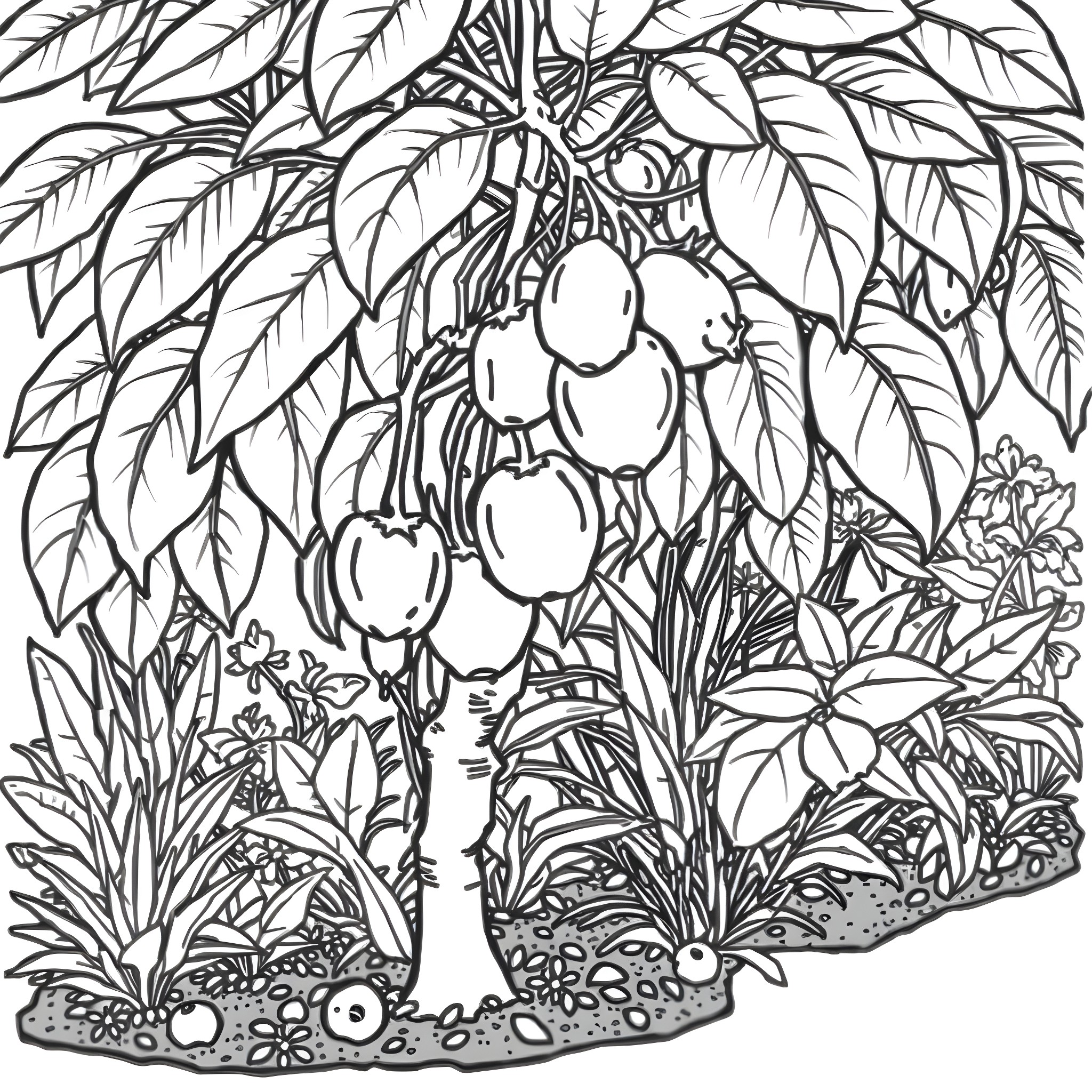 Cempedak tree with tropical foliage Coloring Page (free black-and-white line drawing printable PDF for all, from beginners to advanced learners, including children, teens, adults, and seniors)