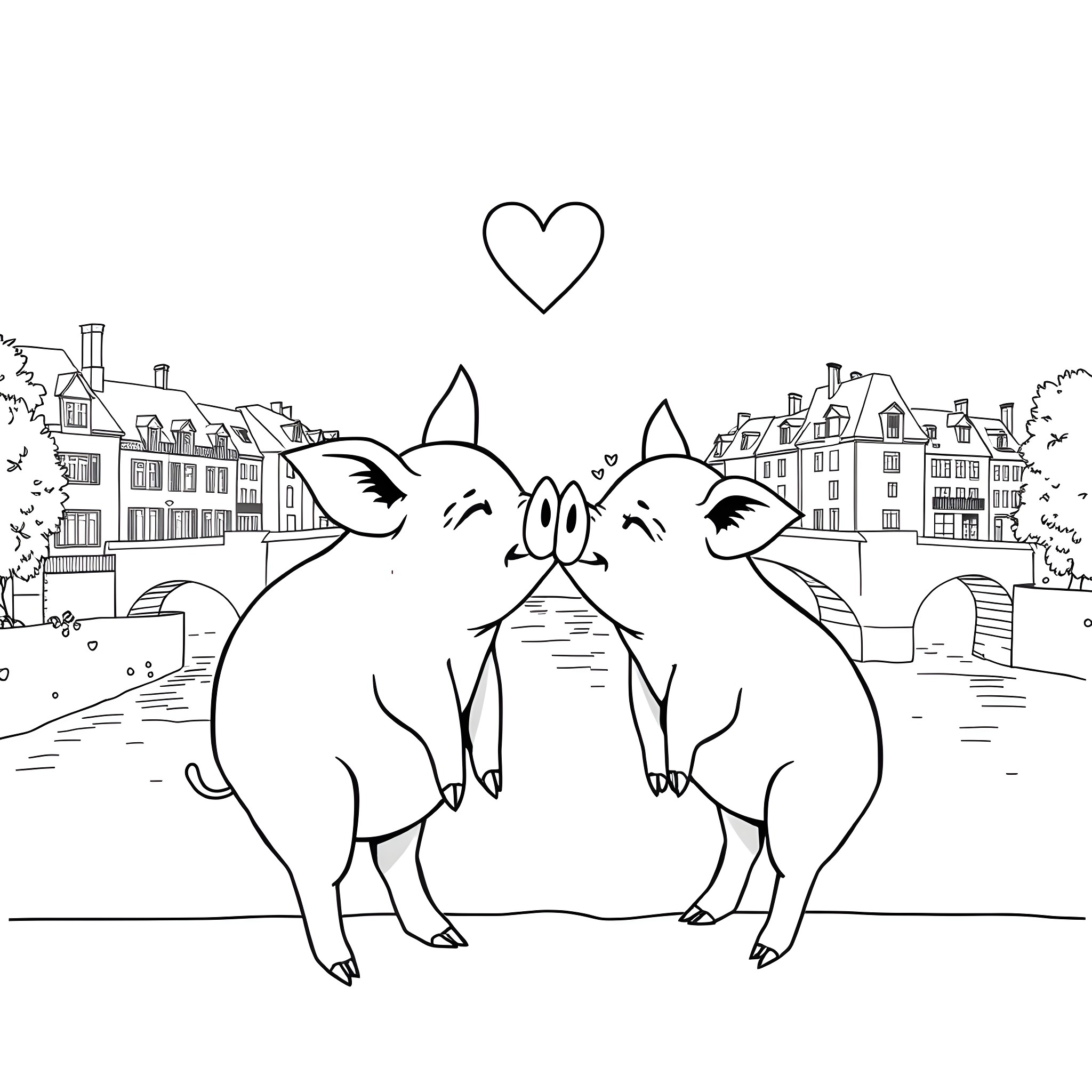 Pigs in love on a city street Coloring Page (free black-and-white line drawing printable PDF for all, from beginners to advanced learners, including children, teens, adults, and seniors)