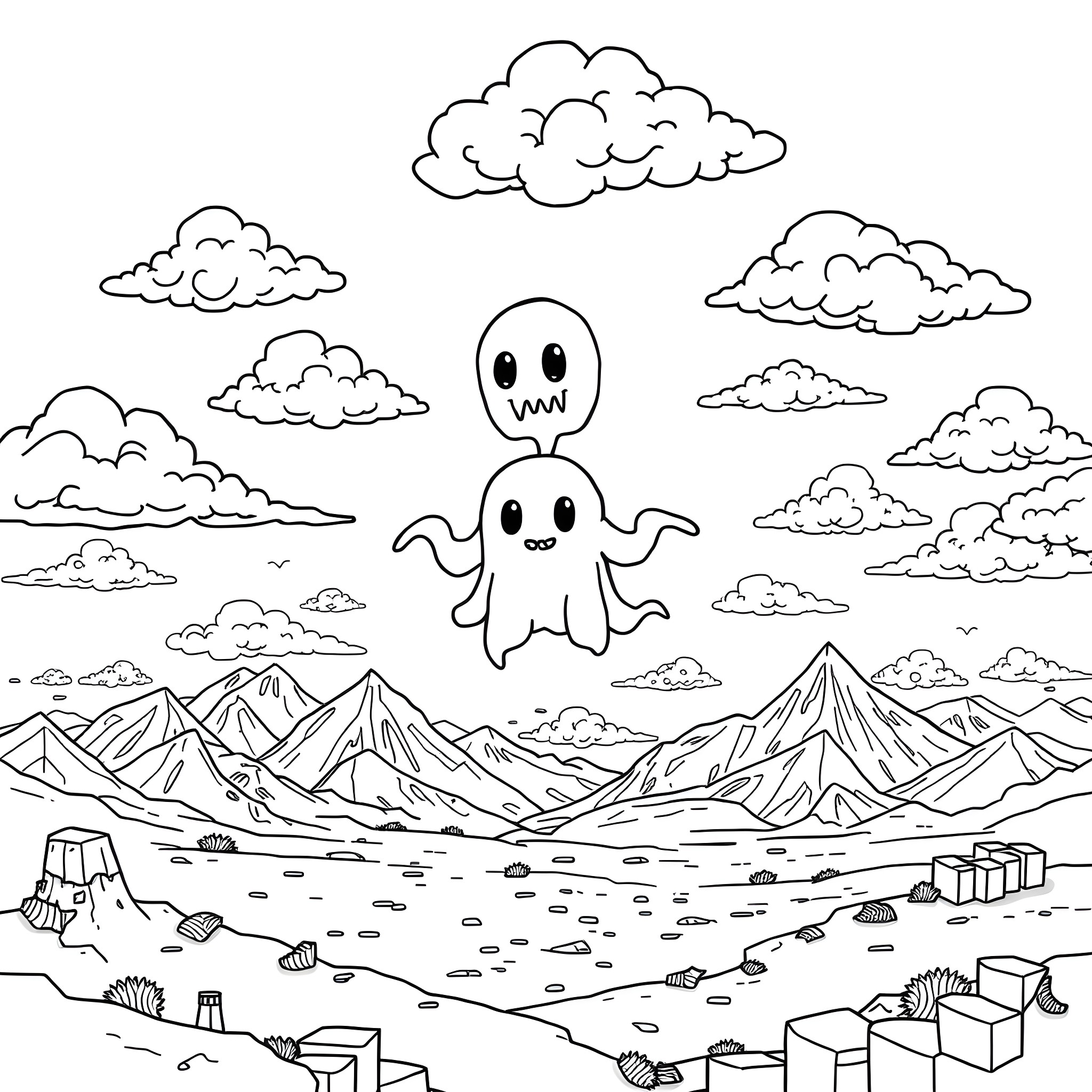 Ghast floating above a mountainous landscape Coloring Page (free black-and-white line drawing printable PDF for all, from beginners to advanced learners, including children, teens, adults, and seniors)