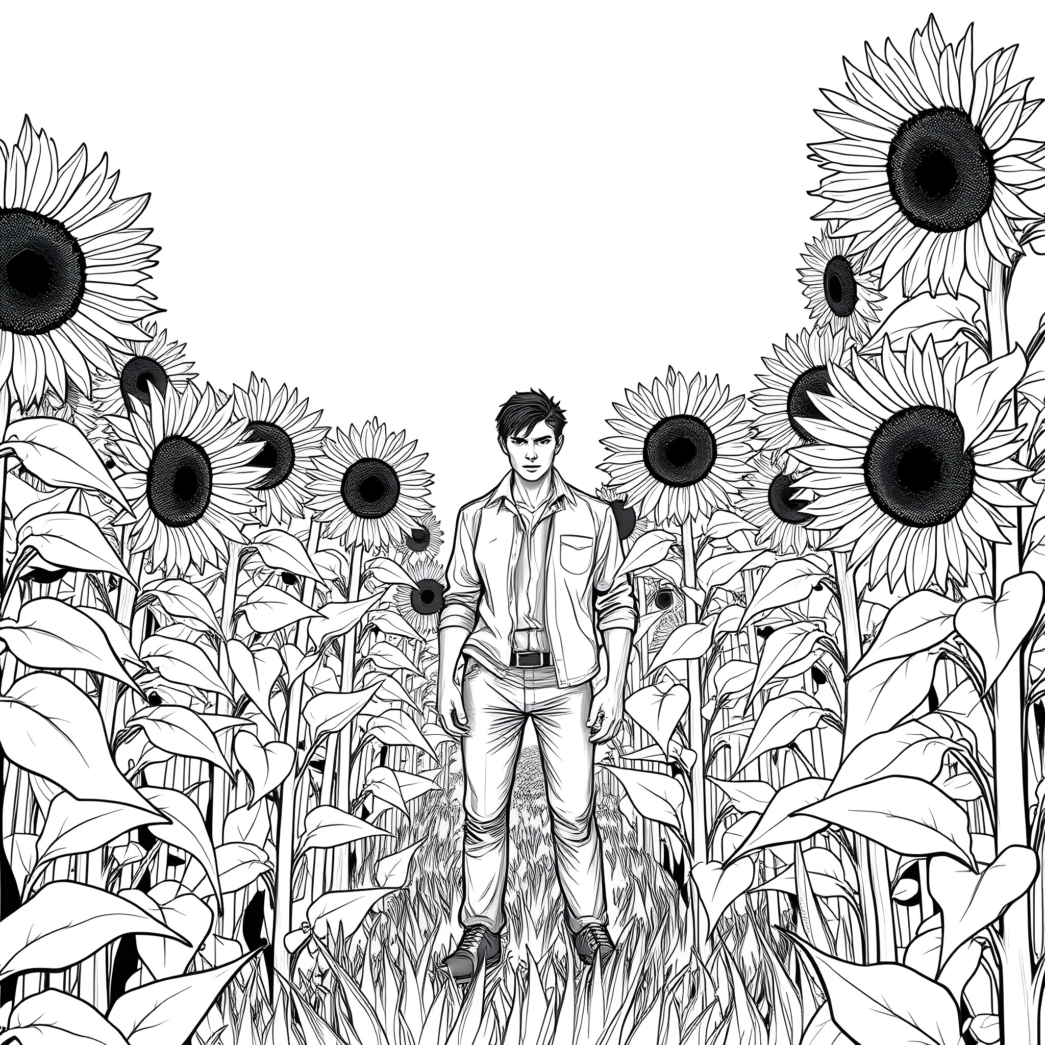 Jason exploring a field of sunflowers Coloring Page (free black-and-white line drawing printable PDF for all, from beginners to advanced learners, including children, teens, adults, and seniors)