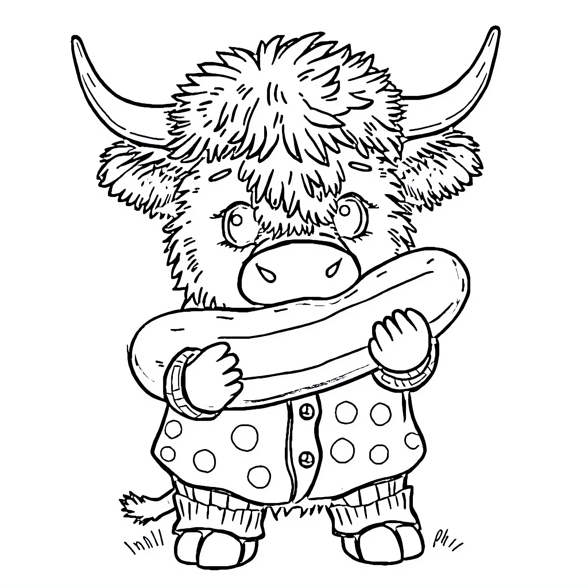 Highland Cow wearing a polka dot outfit Coloring Page (free black-and-white line drawing printable PDF for all, from beginners to advanced learners, including children, teens, adults, and seniors)