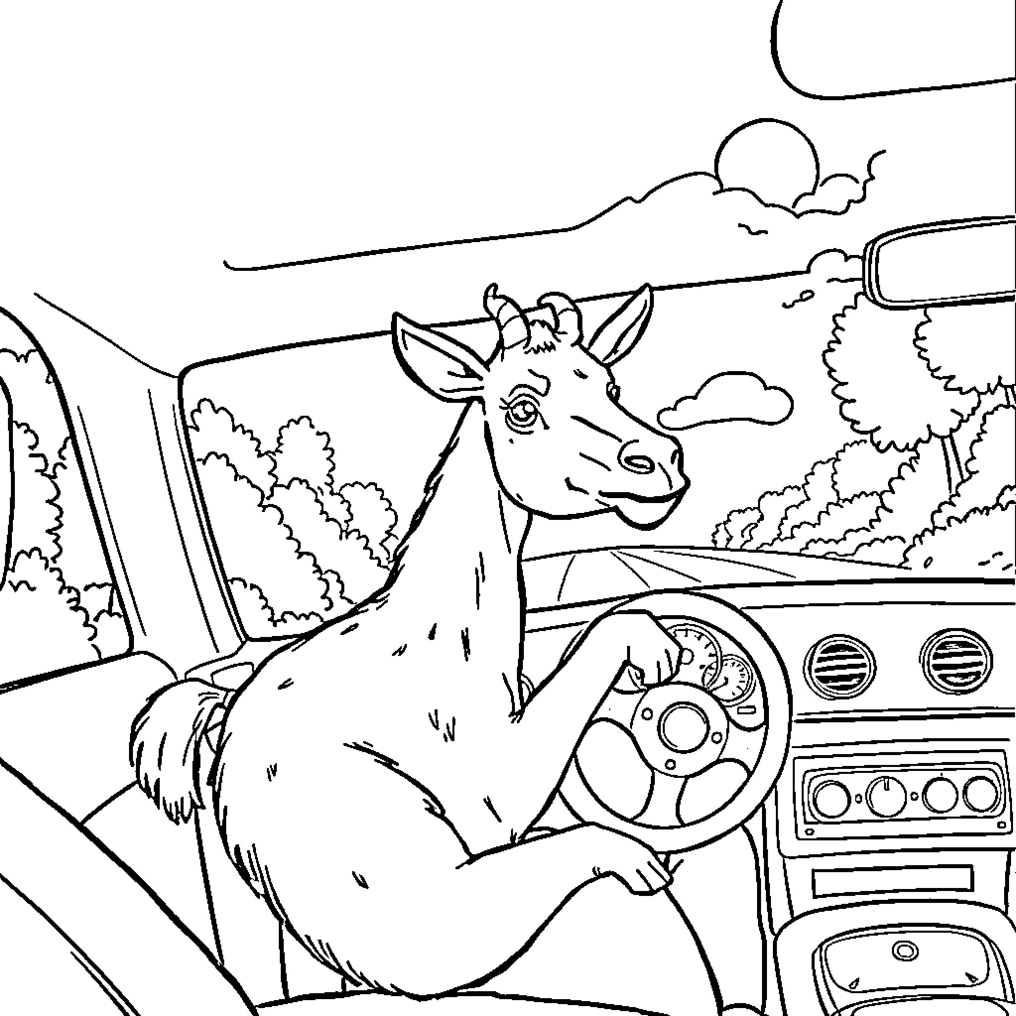 Donkey driving a car on the open road Coloring Page (free black-and-white line drawing printable PDF for all, from beginners to advanced learners, including children, teens, adults, and seniors)