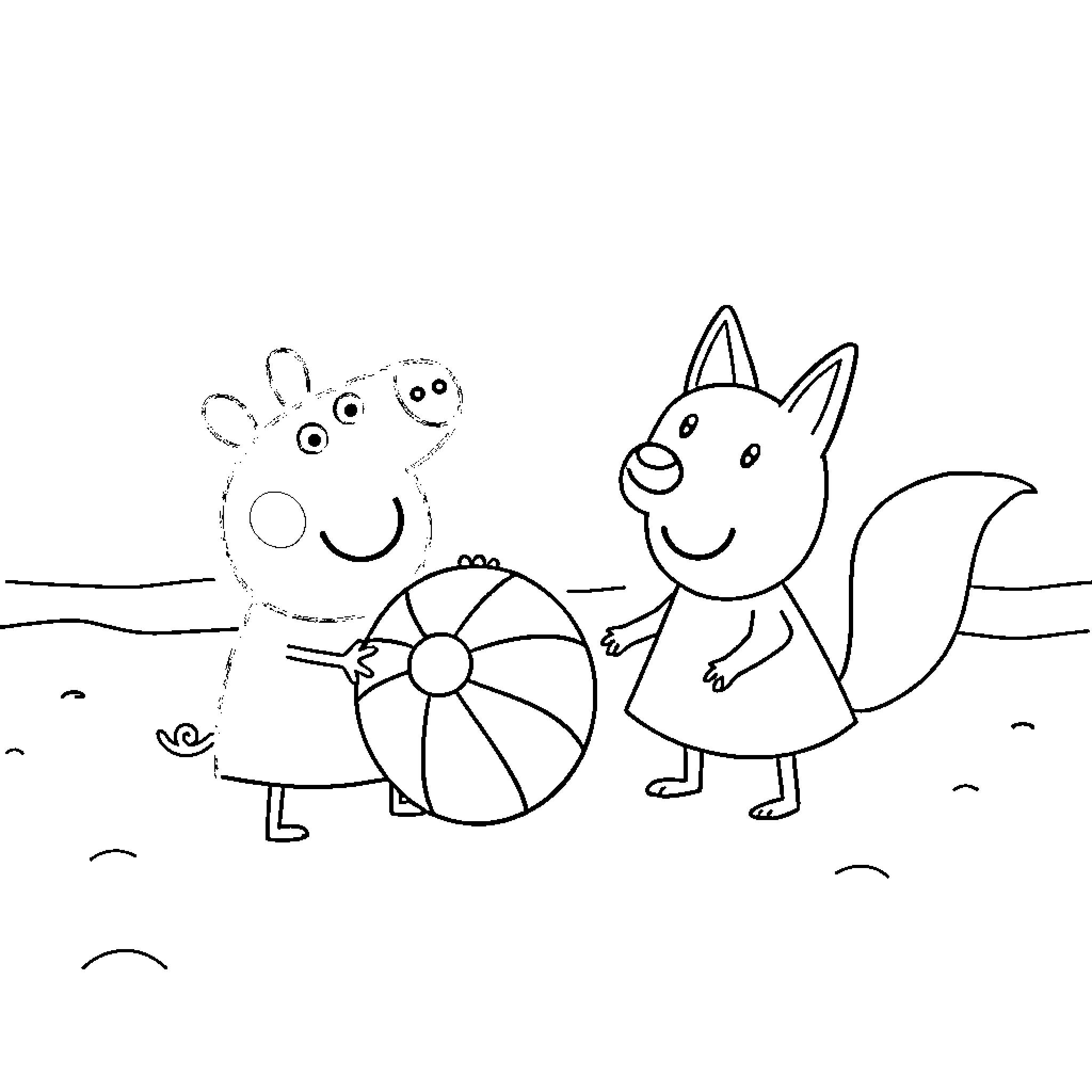 Peppa Pig and friends playing on the beach Coloring Page (free black-and-white line drawing printable PDF for all, from beginners to advanced learners, including children, teens, adults, and seniors)