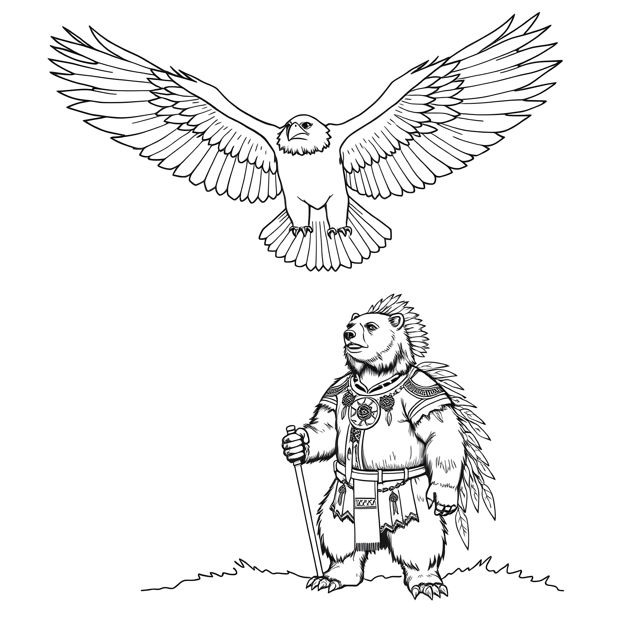 Thunderbird soaring powerfully with figure in traditional dress Coloring Page (free black-and-white line drawing printable PDF for all, from beginners to advanced learners, including children, teens, adults, and seniors)
