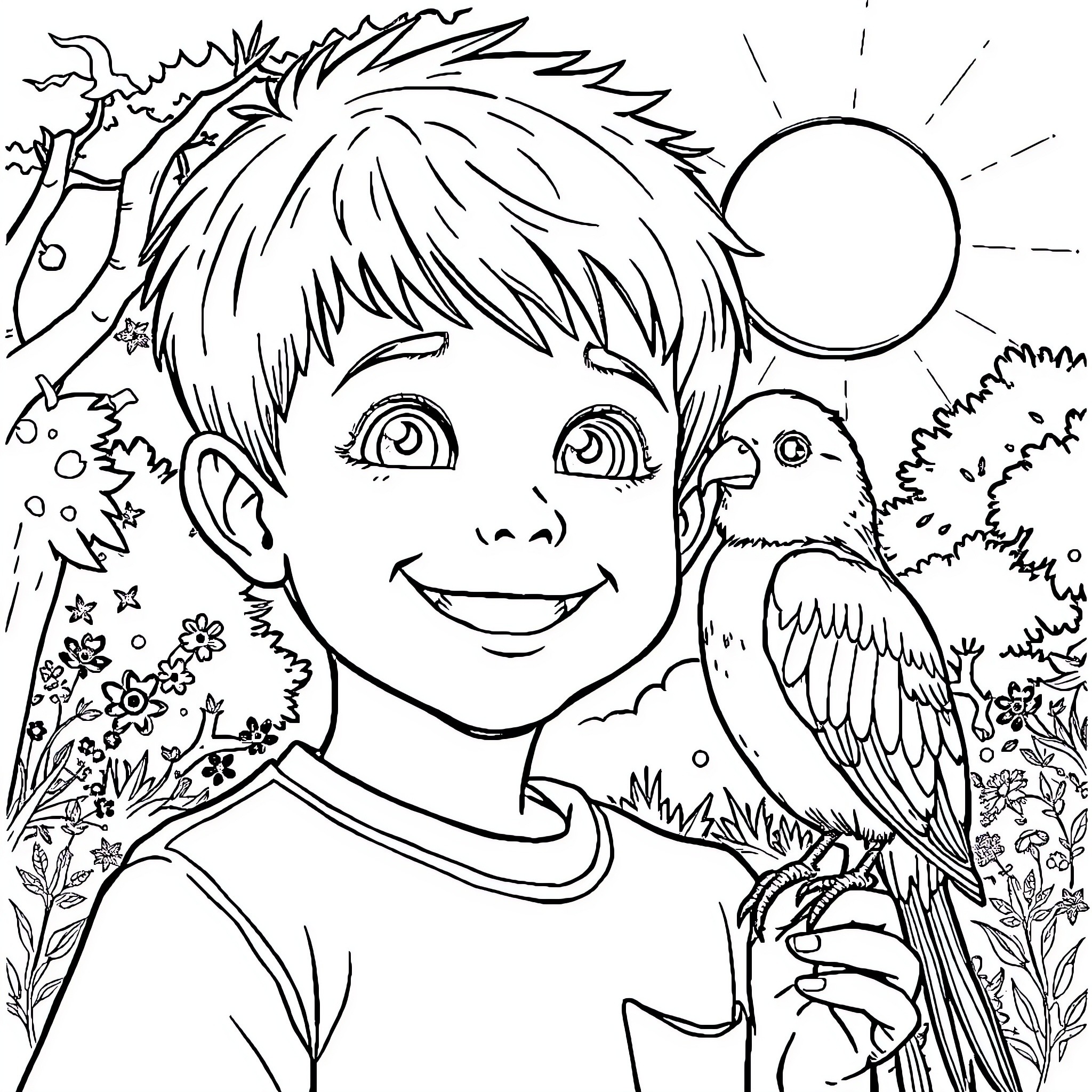 Boy happily interacting with a colorful bird in nature Coloring Page (free black-and-white line drawing printable PDF for all, from beginners to advanced learners, including children, teens, adults, and seniors)