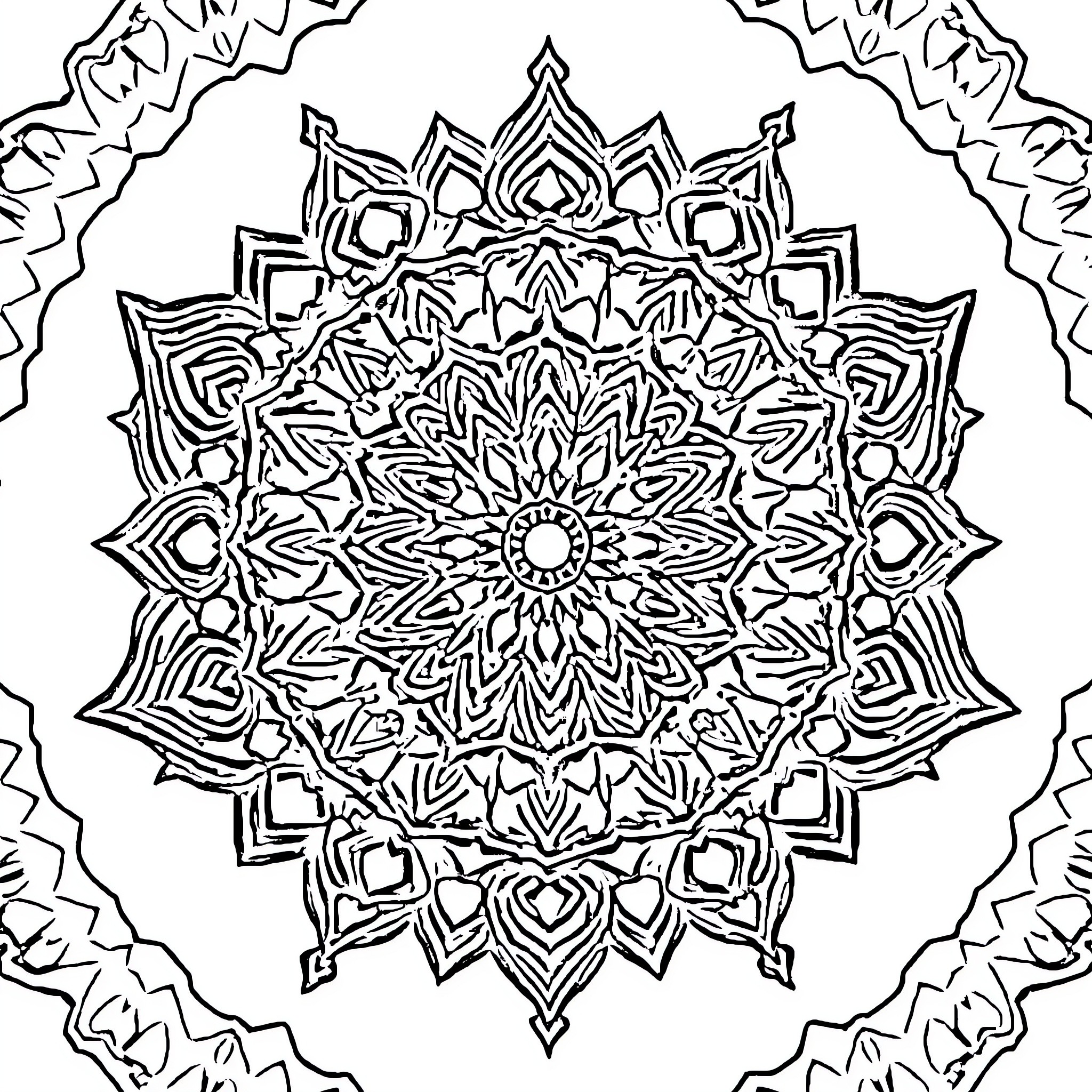Mandala of intricate symmetrical patterns Coloring Page (free black-and-white line drawing printable PDF for all, from beginners to advanced learners, including children, teens, adults, and seniors)