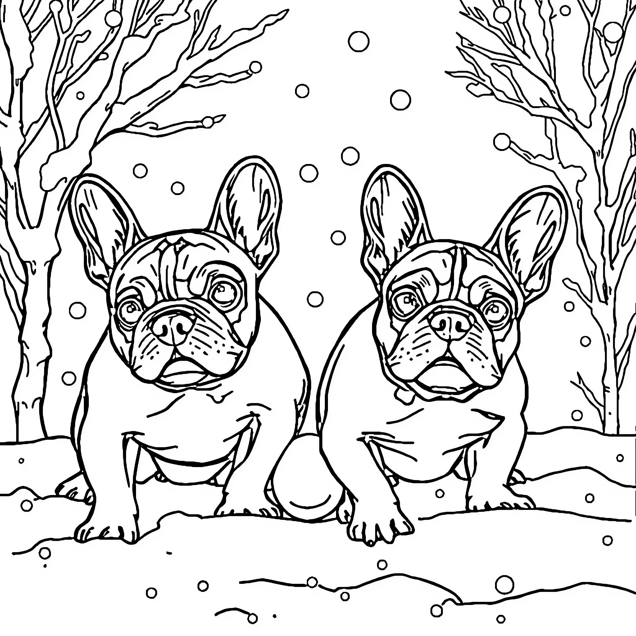 French Bulldogs playing in the winter wonderland Coloring Page (free black-and-white line drawing printable PDF for all, from beginners to advanced learners, including children, teens, adults, and seniors)