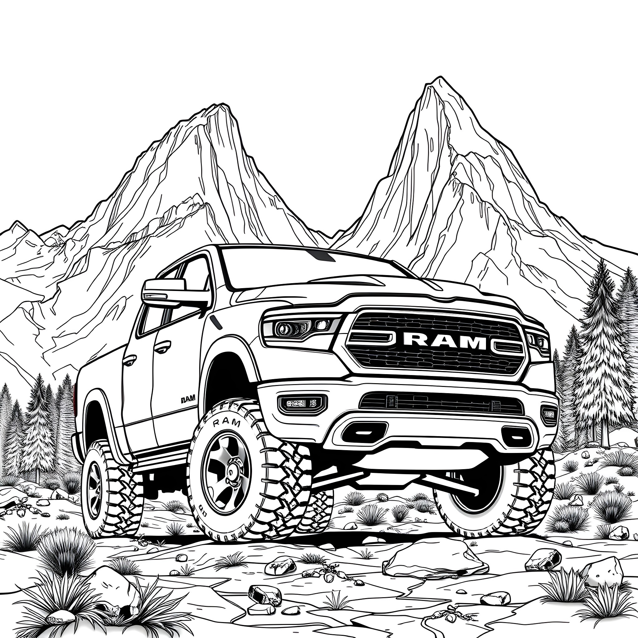 Ram off-road vehicle traversing rugged mountain landscape Coloring Page (free black-and-white line drawing printable PDF for all, from beginners to advanced learners, including children, teens, adults, and seniors)