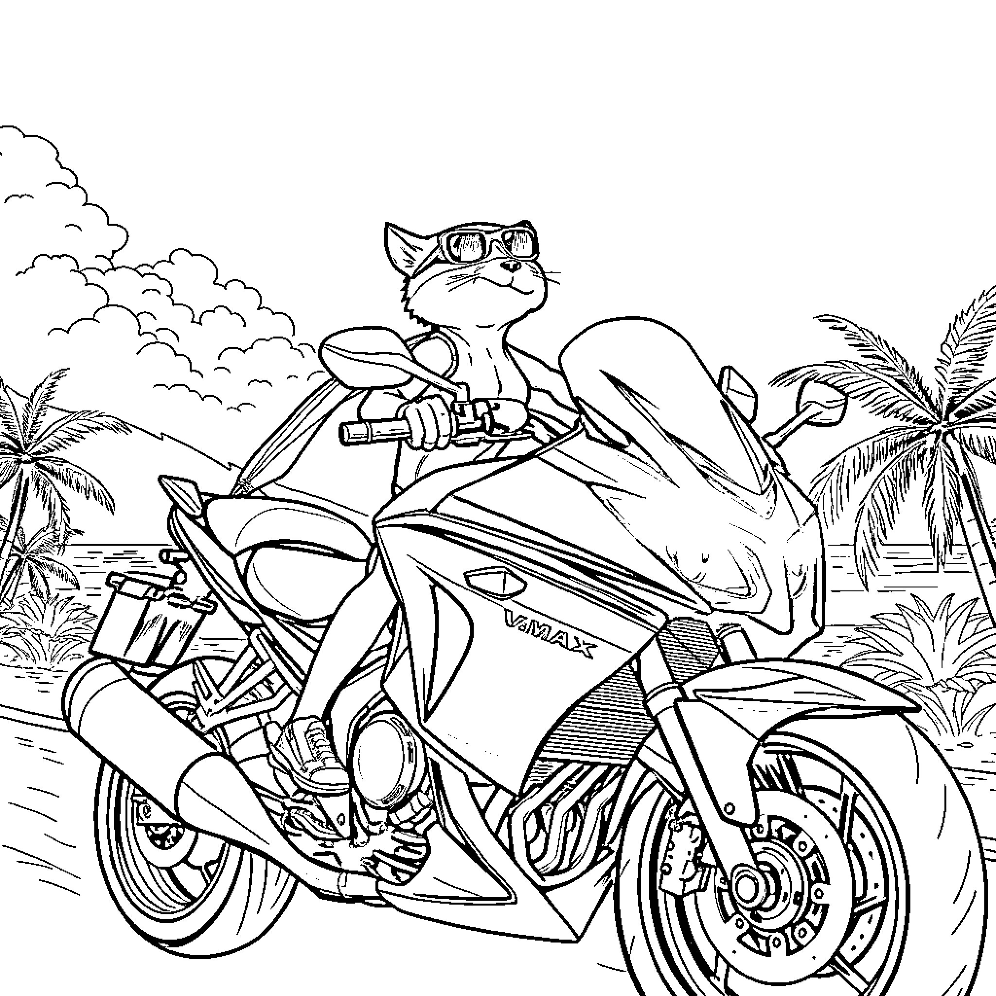 Zorro rides powerful motorcycle through tropical landscape Coloring Page (free black-and-white line drawing printable PDF for all, from beginners to advanced learners, including children, teens, adults, and seniors)