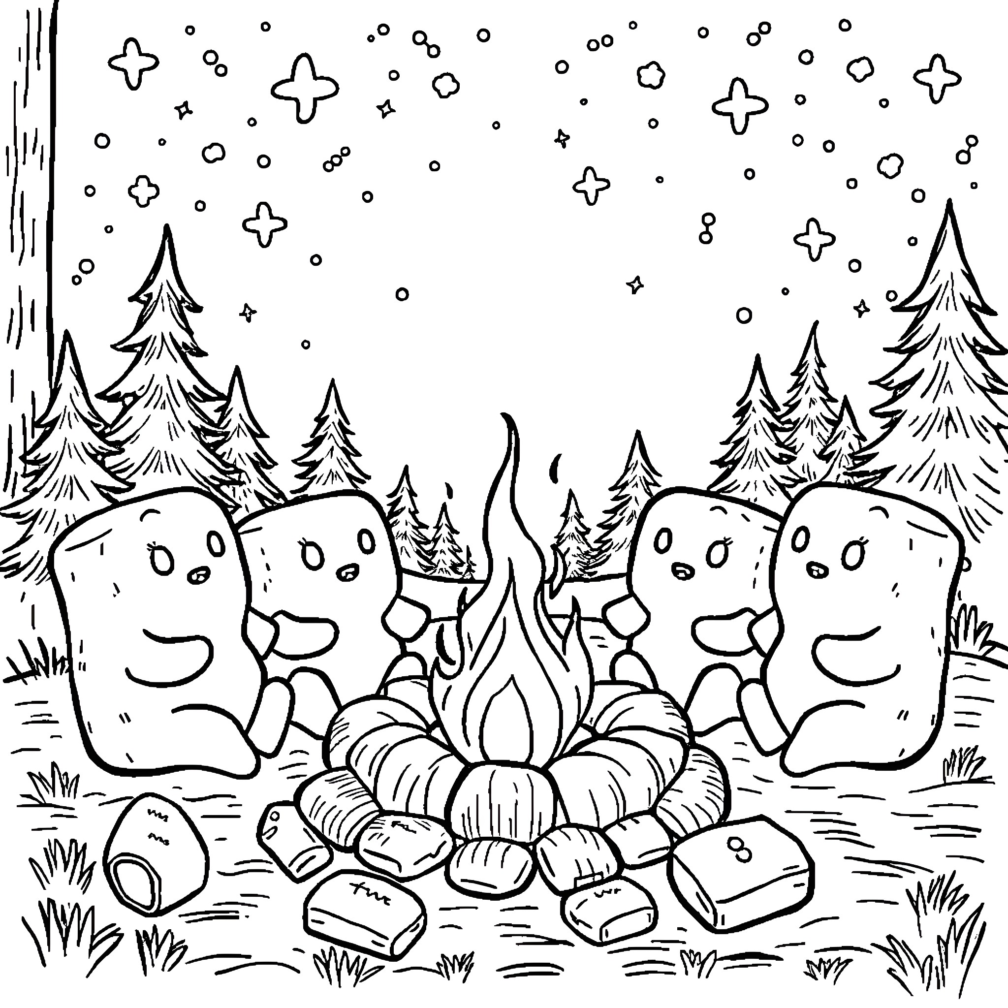 Squishmallow friends enjoying a campfire in the woods Coloring Page (free black-and-white line drawing printable PDF for all, from beginners to advanced learners, including children, teens, adults, and seniors)