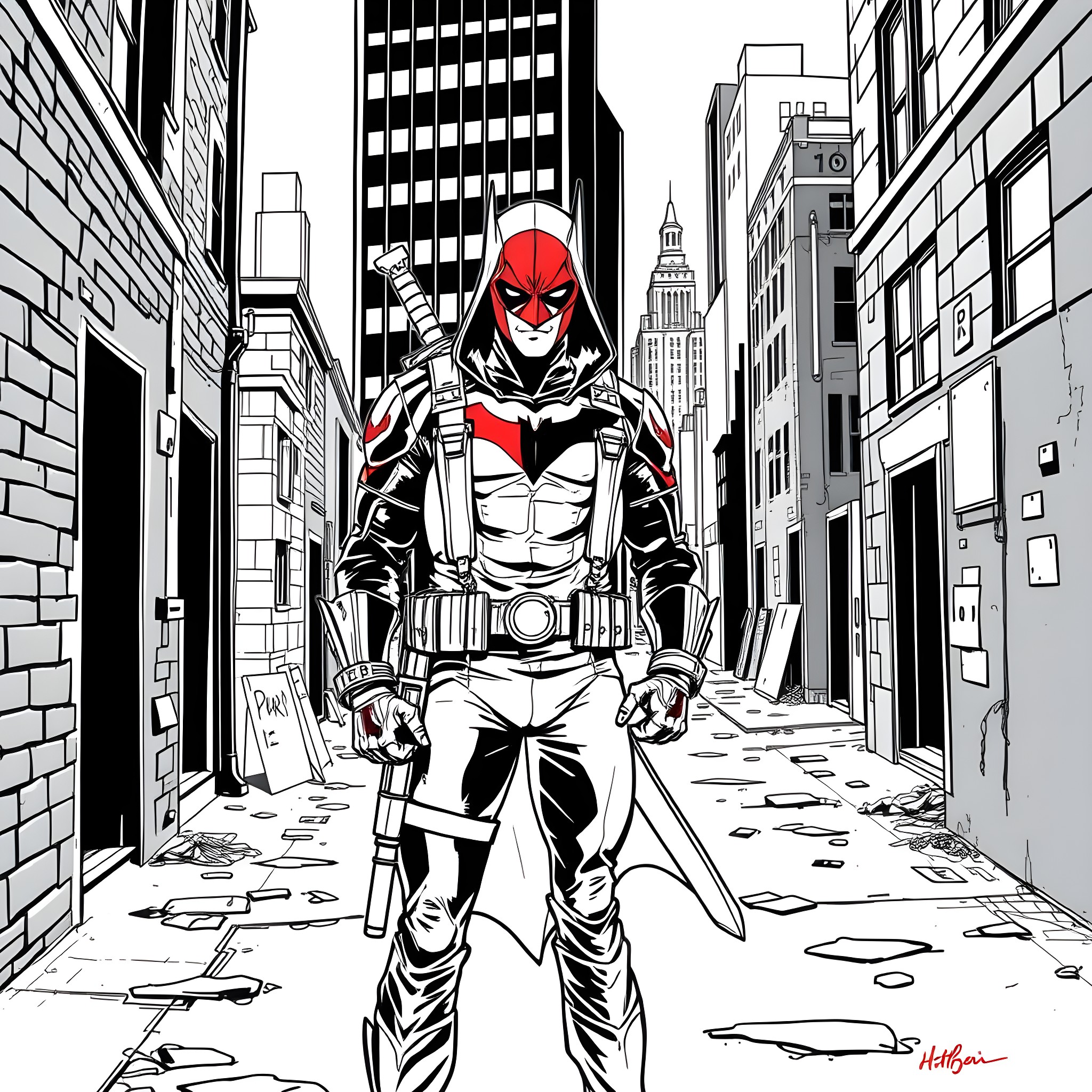 Red Hood Vigilante in Urban Alley Coloring Page (free black-and-white line drawing printable PDF for all, from beginners to advanced learners, including children, teens, adults, and seniors)