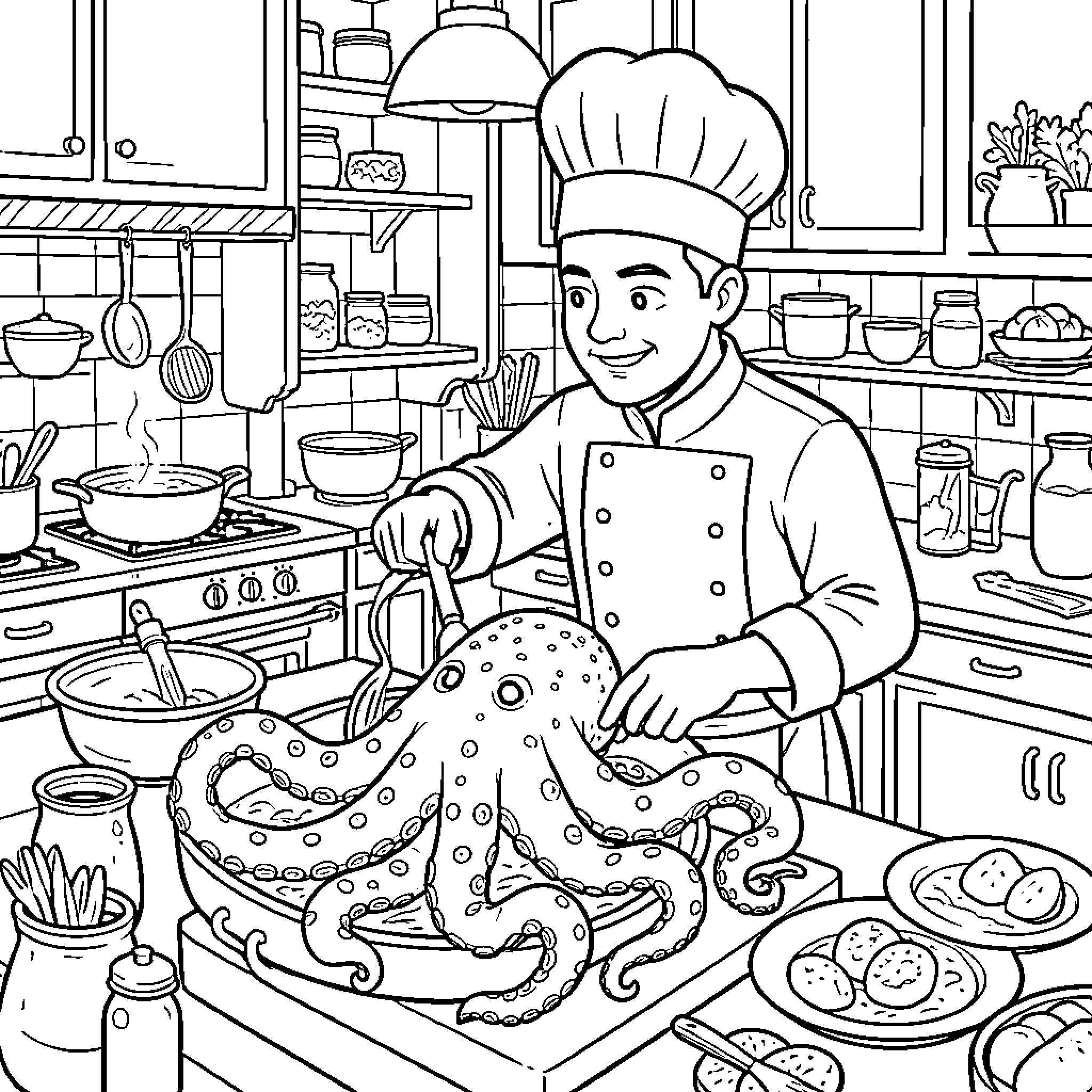 Octopus chef cooking in the kitchen Coloring Page (free black-and-white line drawing printable PDF for all, from beginners to advanced learners, including children, teens, adults, and seniors)