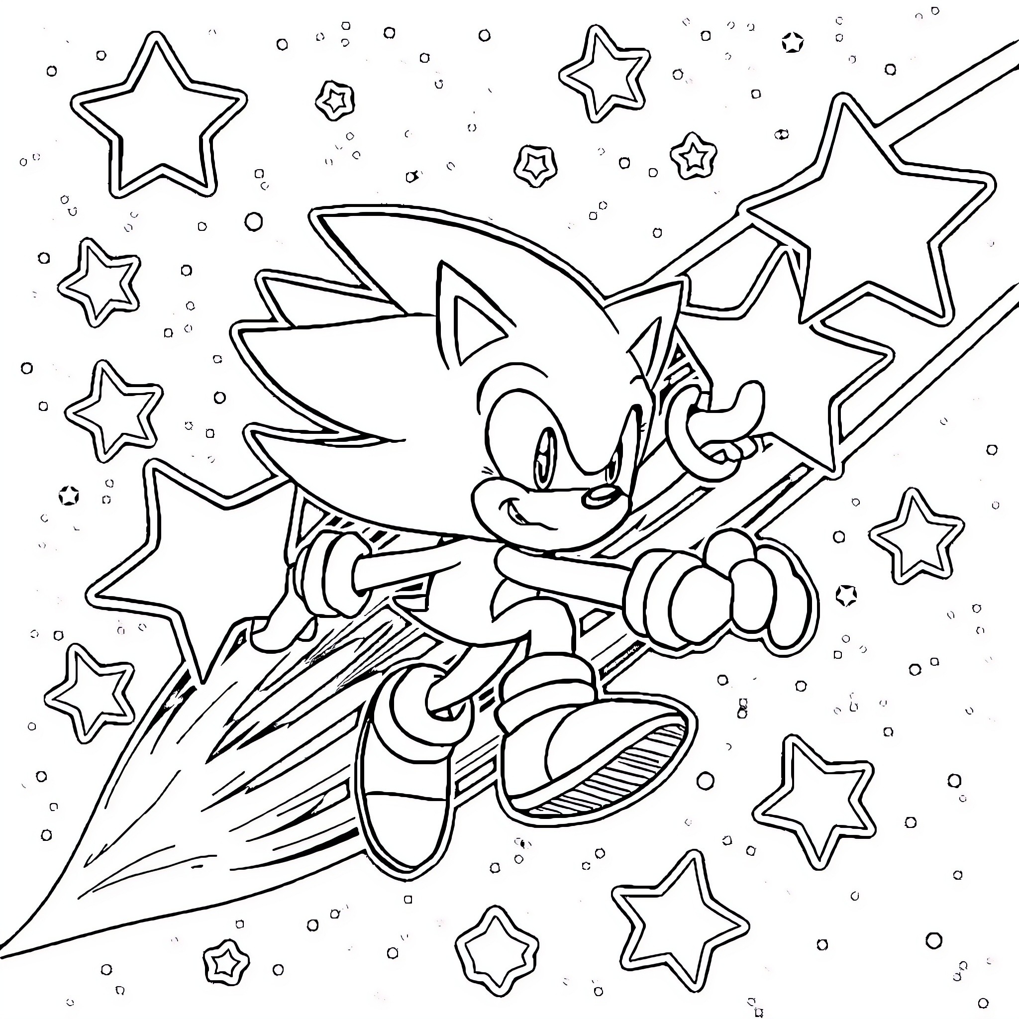 Sonic soaring amidst twinkling stars Coloring Page (free black-and-white line drawing printable PDF for all, from beginners to advanced learners, including children, teens, adults, and seniors)