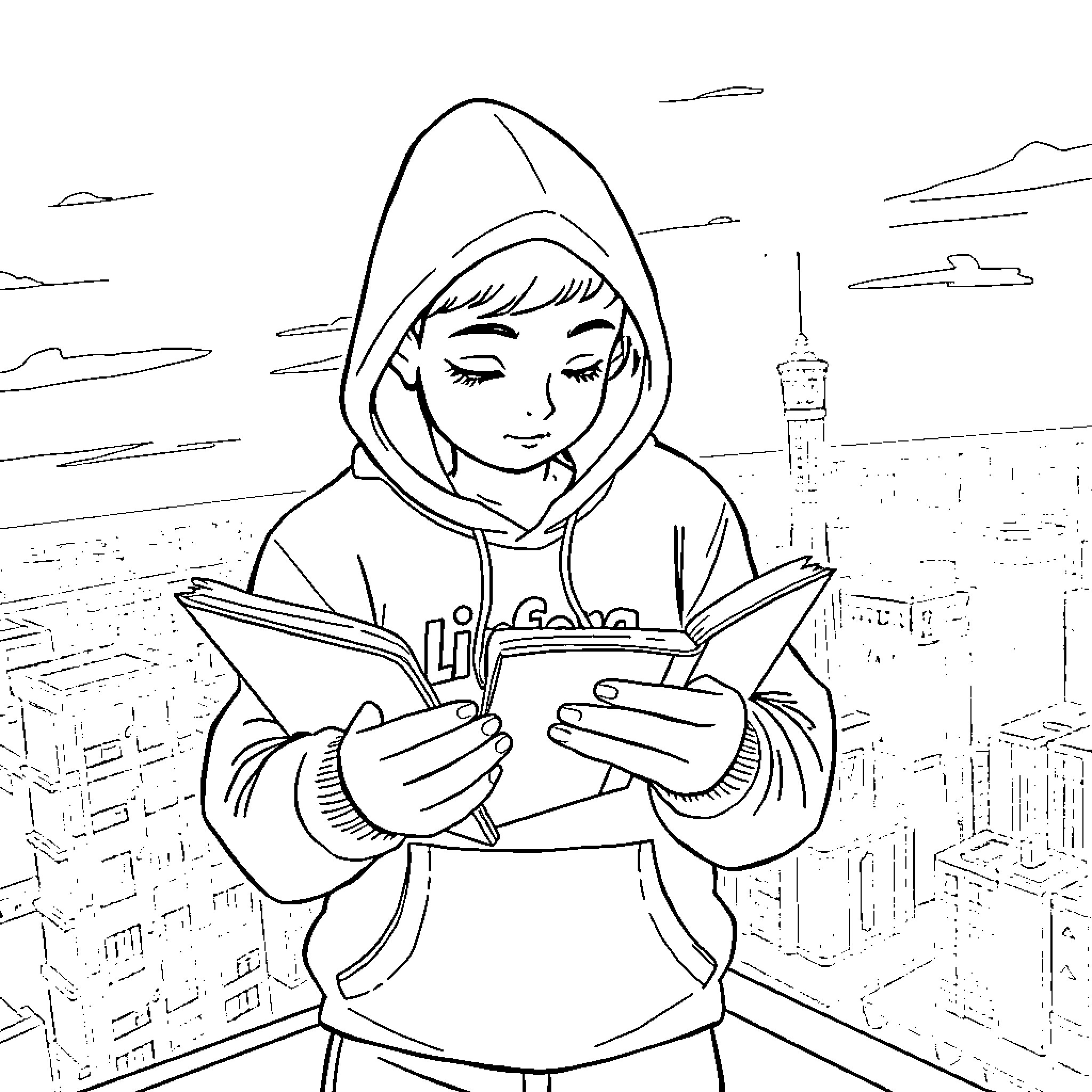 Beruang reading intently in the city Coloring Page (free black-and-white line drawing printable PDF for all, from beginners to advanced learners, including children, teens, adults, and seniors)