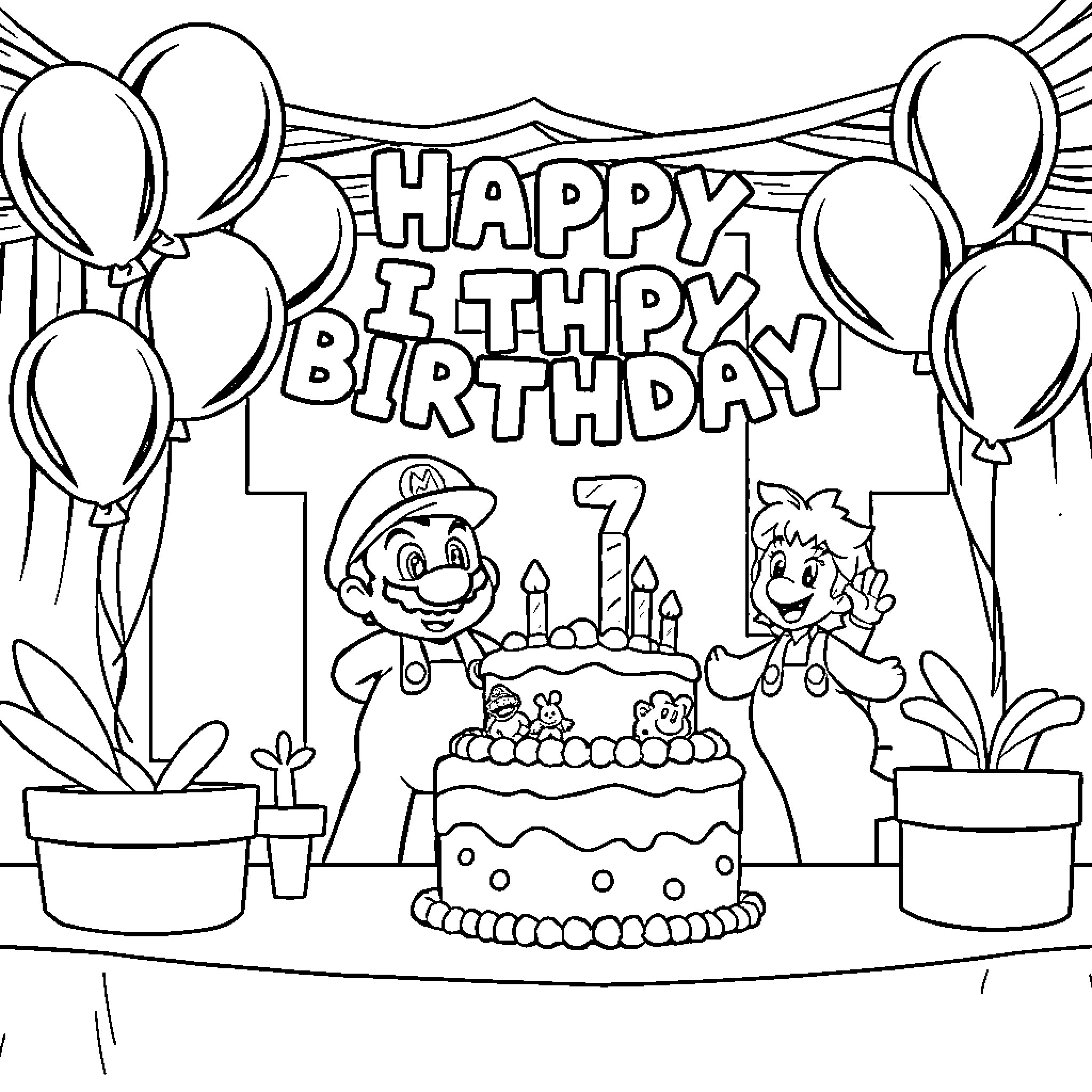 Super Mario Characters Celebrate 7th Birthday Coloring Page (free black-and-white line drawing printable PDF for all, from beginners to advanced learners, including children, teens, adults, and seniors)