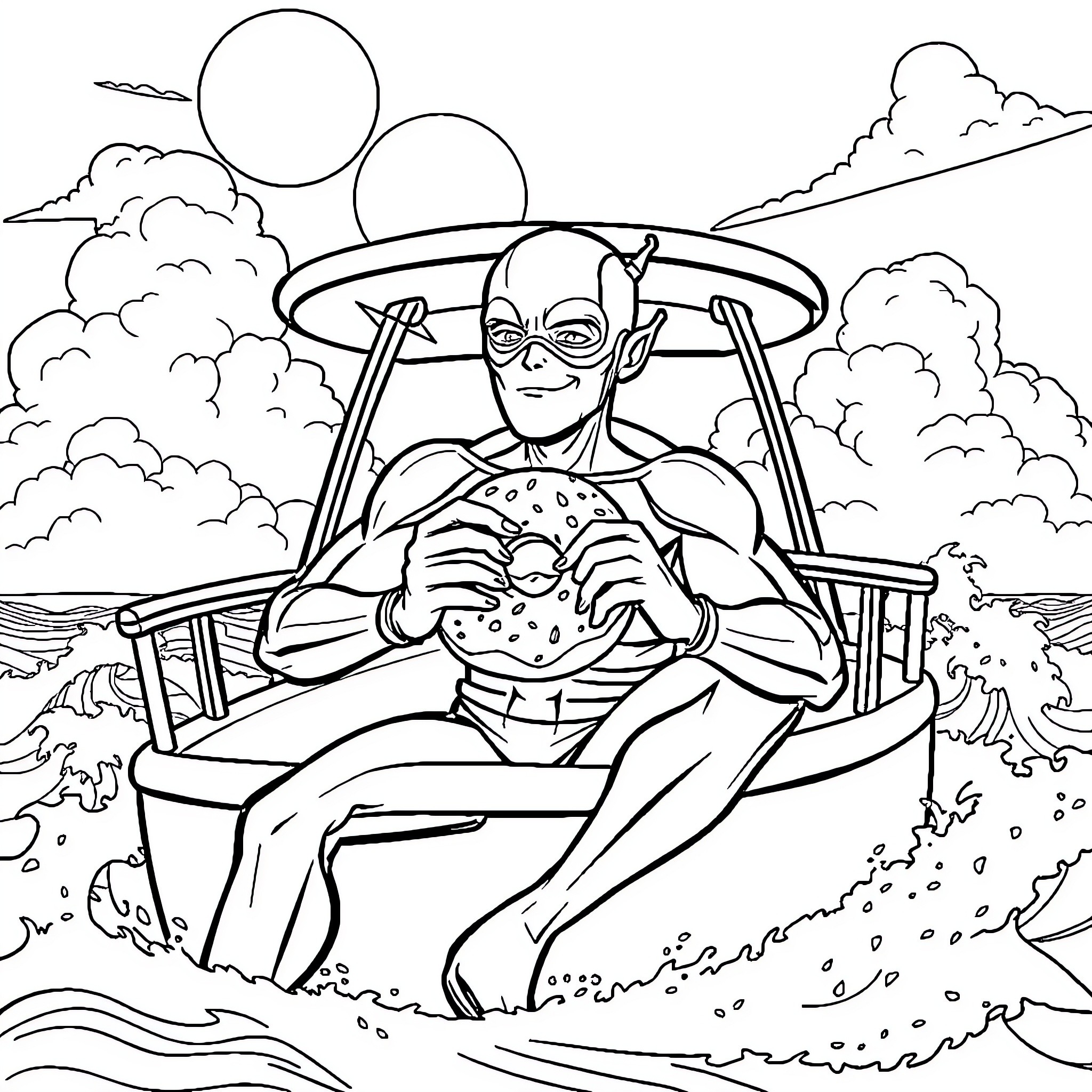 Flash's Heroic Adventure in a Futuristic Craft Coloring Page (free black-and-white line drawing printable PDF for all, from beginners to advanced learners, including children, teens, adults, and seniors)