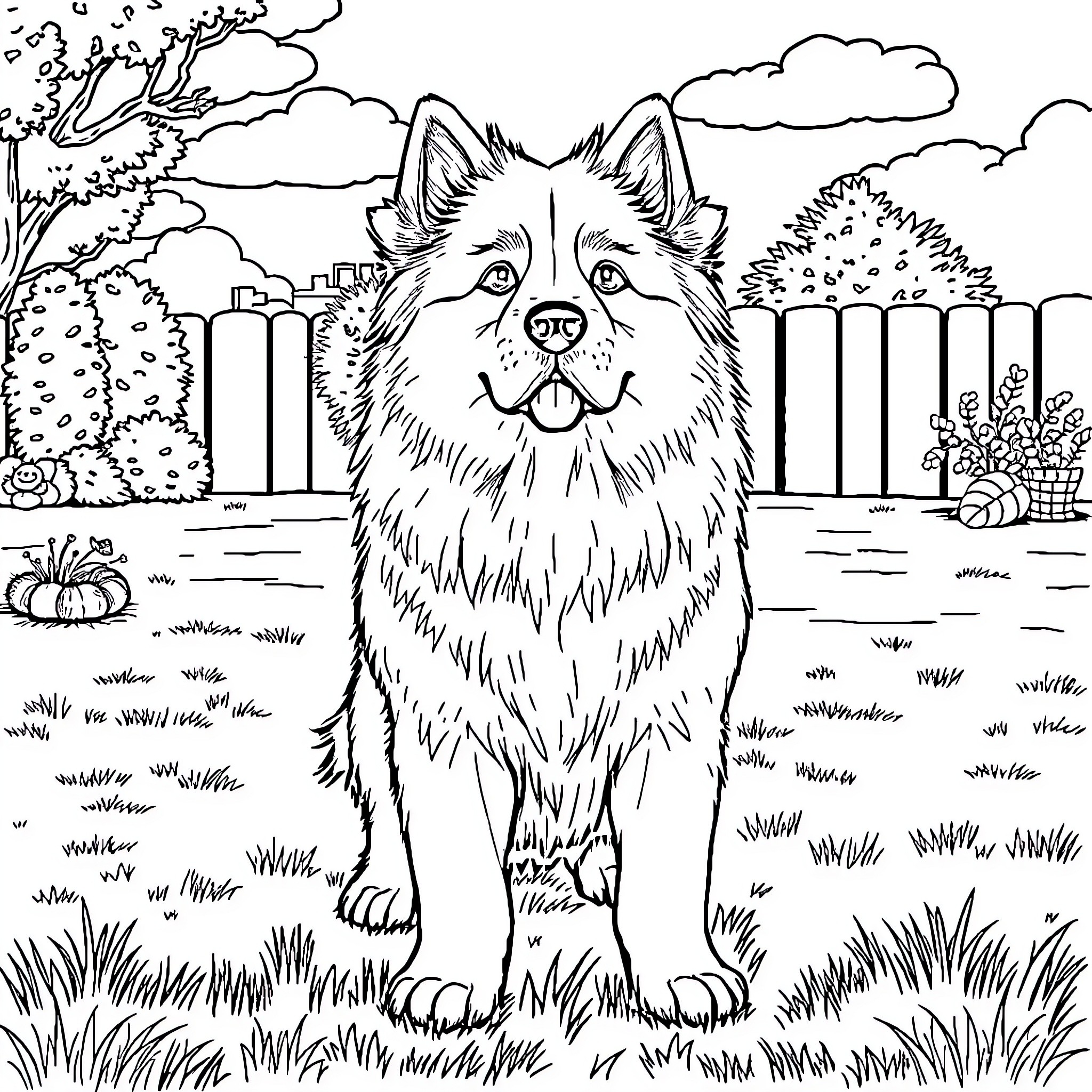 Dog enjoying the outdoors in the backyard Coloring Page (free black-and-white line drawing printable PDF for all, from beginners to advanced learners, including children, teens, adults, and seniors)
