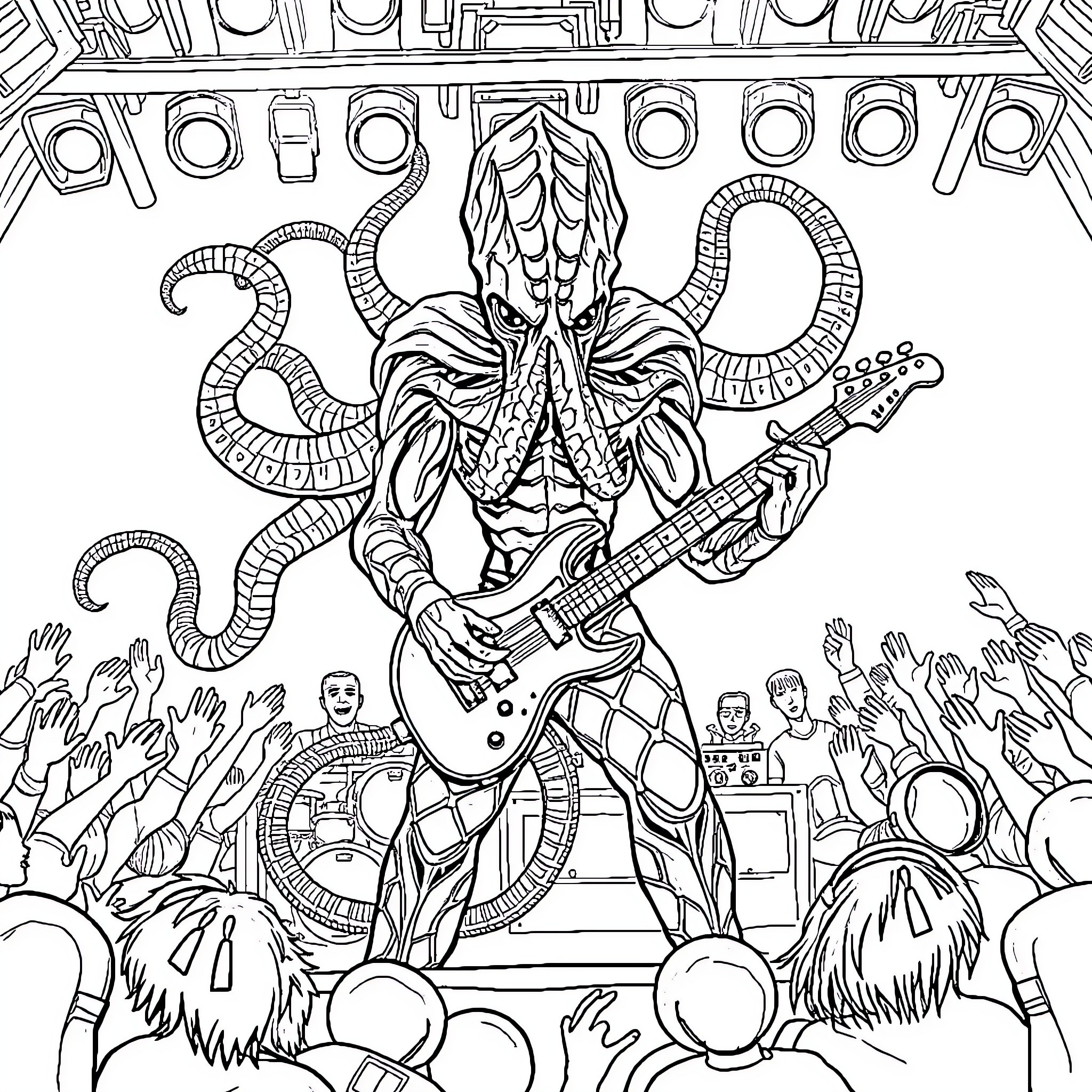 Cthulhu Performing for Raving Fans on Stage Coloring Page (free black-and-white line drawing printable PDF for all, from beginners to advanced learners, including children, teens, adults, and seniors)
