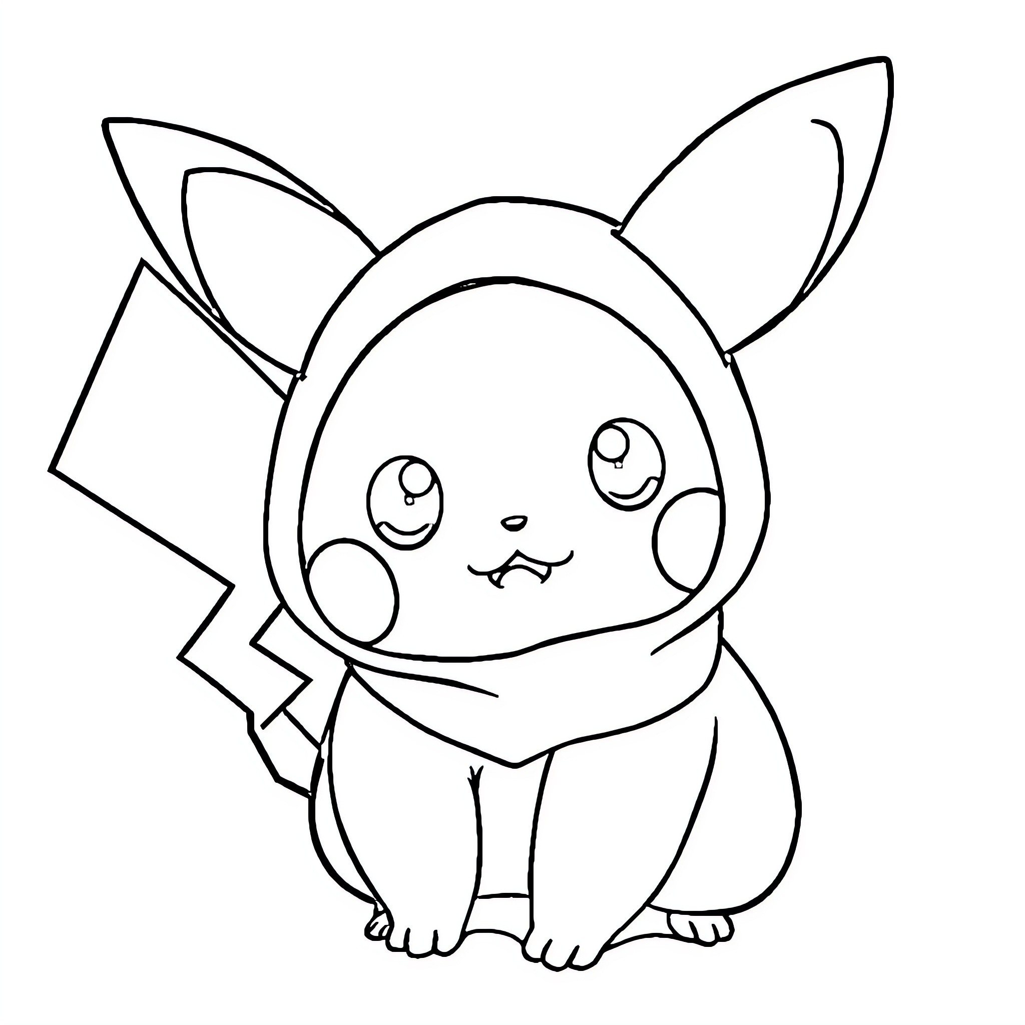 Pikachu character in cute and playful pose Coloring Page (free black-and-white line drawing printable PDF for all, from beginners to advanced learners, including children, teens, adults, and seniors)