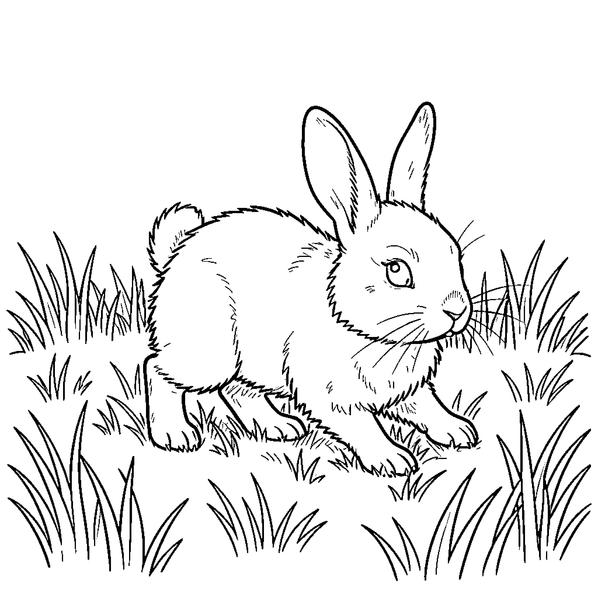 Rabbit hiding in the grass Coloring Page (free black-and-white line drawing printable PDF for all, from beginners to advanced learners, including children, teens, adults, and seniors)