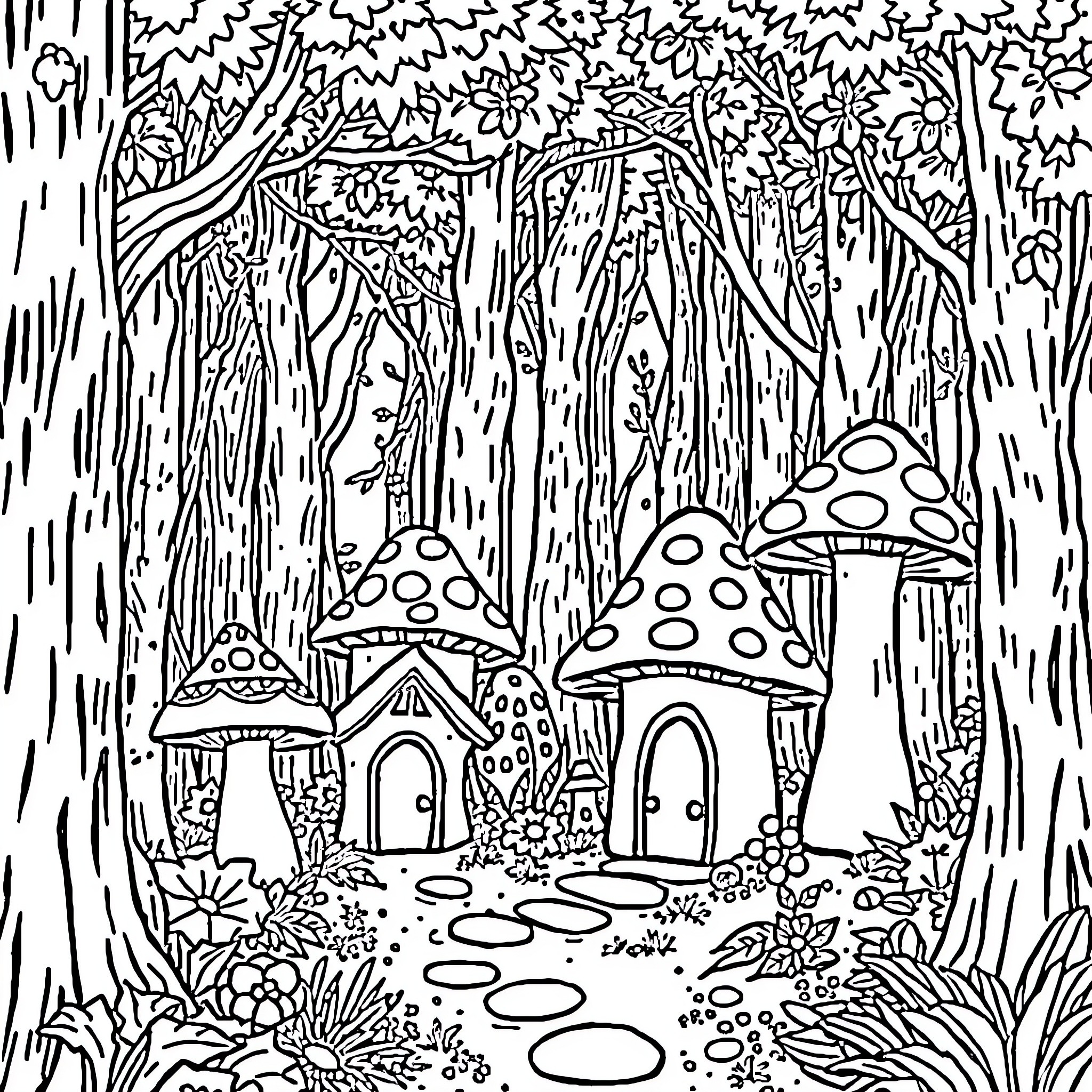 Mushroom Fantasy Forest Scene Coloring Page (free black-and-white line drawing printable PDF for all, from beginners to advanced learners, including children, teens, adults, and seniors)