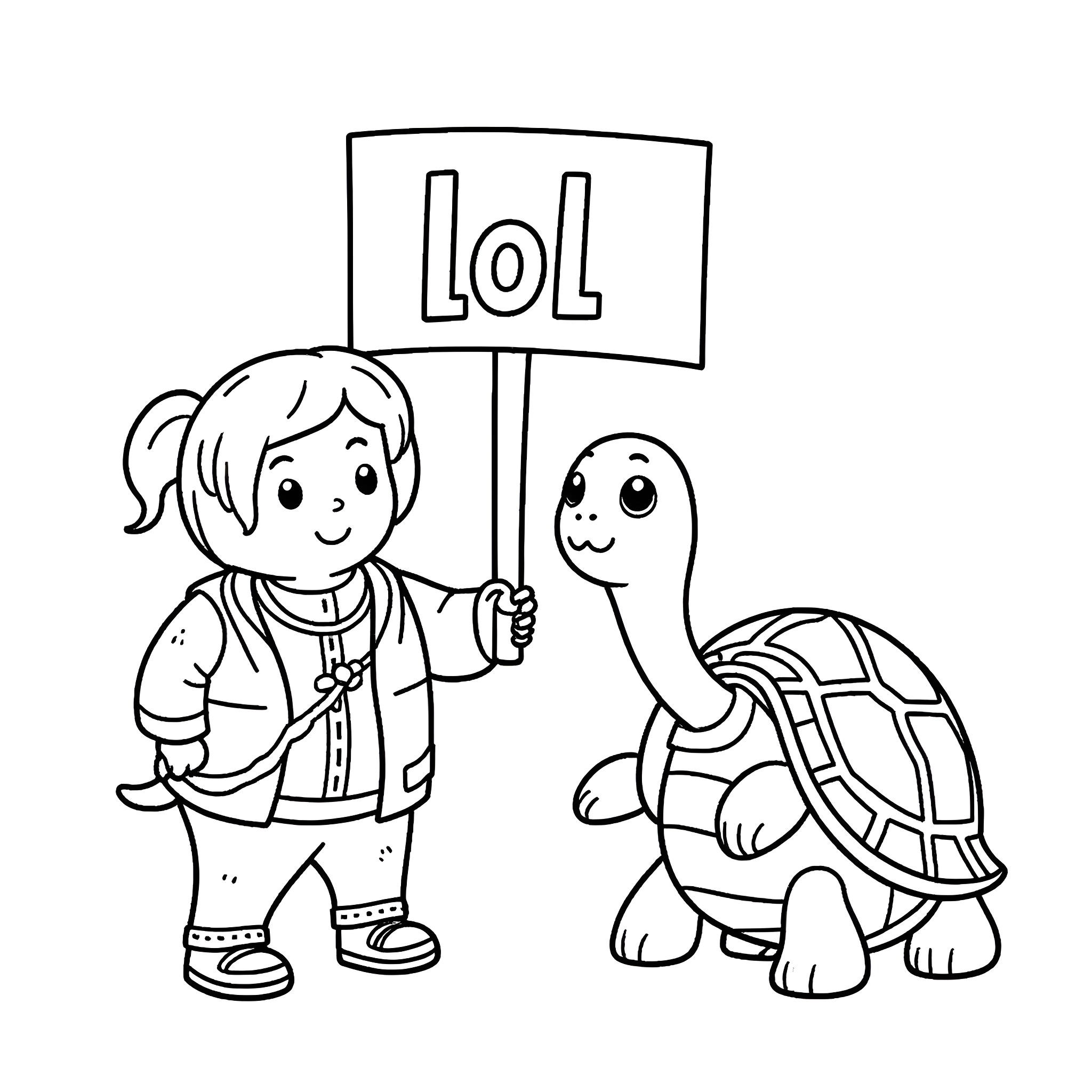 Turtle holding a 'LOL' sign with a child Coloring Page (free black-and-white line drawing printable PDF for all, from beginners to advanced learners, including children, teens, adults, and seniors)