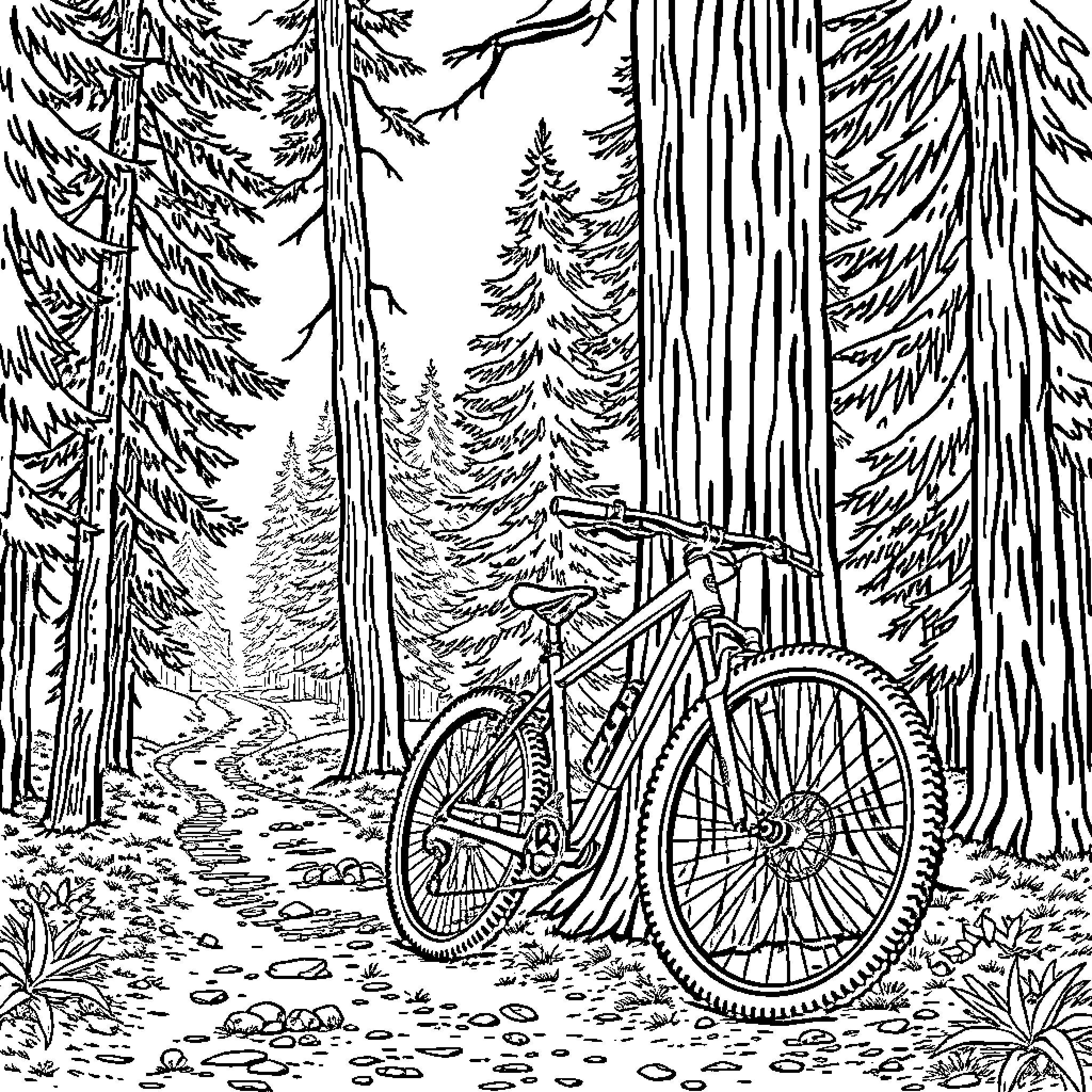 VTT Bicycle in a Forest Landscape Coloring Page (free black-and-white line drawing printable PDF for all, from beginners to advanced learners, including children, teens, adults, and seniors)