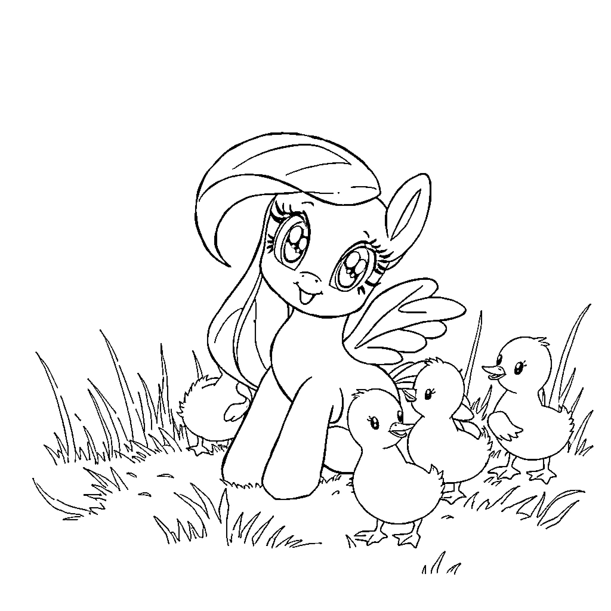 Fluttershy surrounded by adorable baby chicks Coloring Page (free black-and-white line drawing printable PDF for all, from beginners to advanced learners, including children, teens, adults, and seniors)