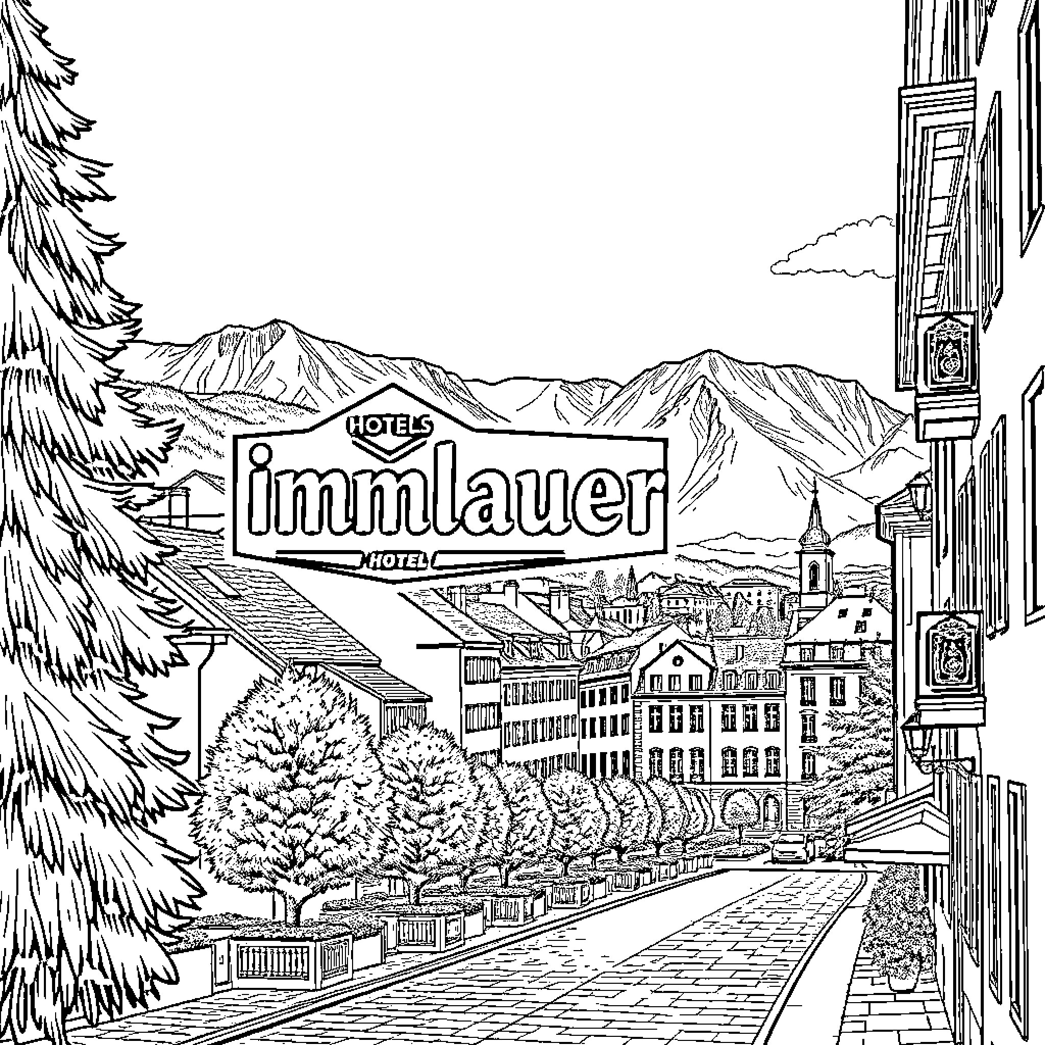 Hotel in Picturesque Mountain Town Coloring Page (free black-and-white line drawing printable PDF for all, from beginners to advanced learners, including children, teens, adults, and seniors)