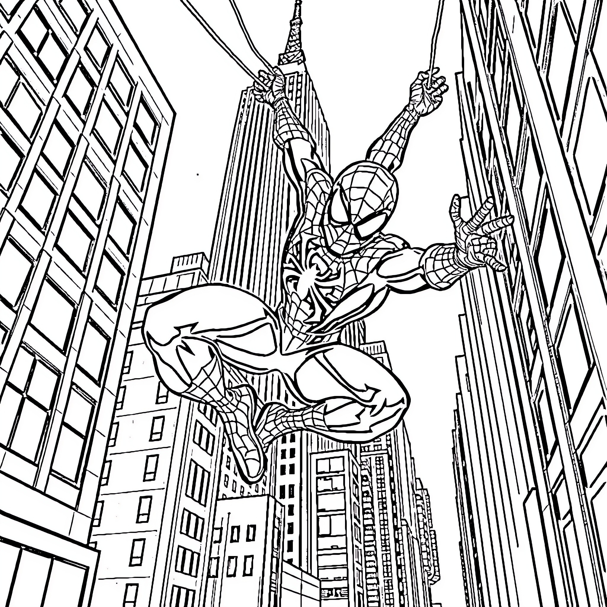 Spiderman swinging through the city skyline Coloring Page (free black-and-white line drawing printable PDF for all, from beginners to advanced learners, including children, teens, adults, and seniors)