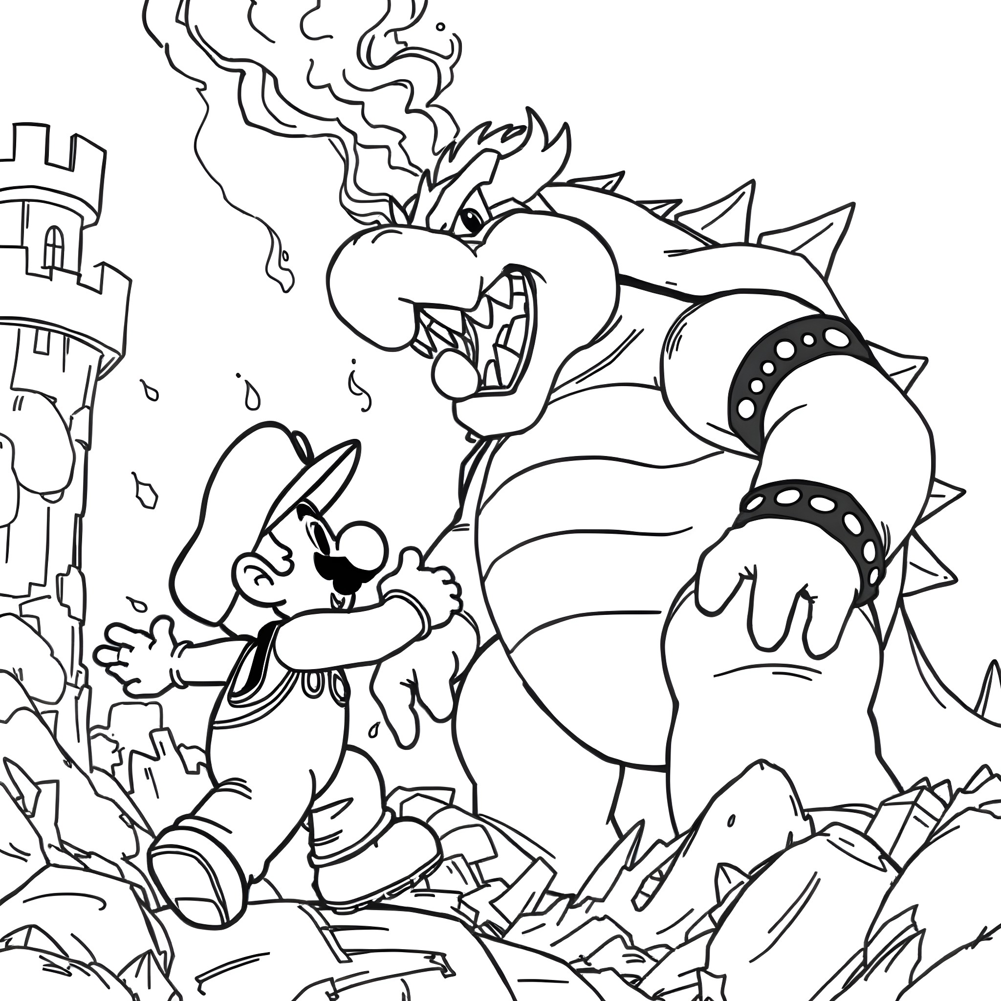 Mario battling a fierce enemy in a dangerous scene Coloring Page (free black-and-white line drawing printable PDF for all, from beginners to advanced learners, including children, teens, adults, and seniors)