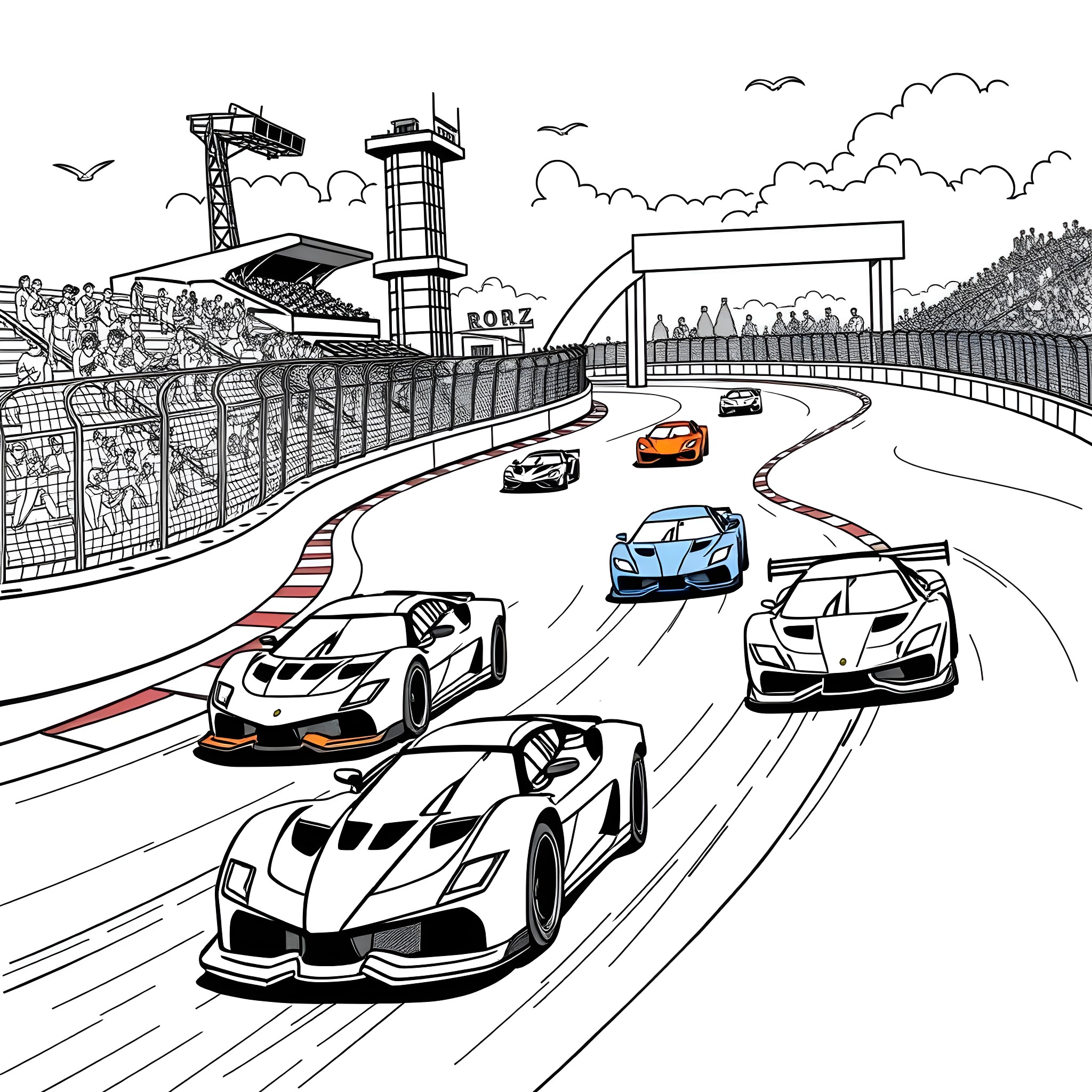 Hot Wheels Racing Supercars on Challenging Track Coloring Page (free black-and-white line drawing printable PDF for all, from beginners to advanced learners, including children, teens, adults, and seniors)