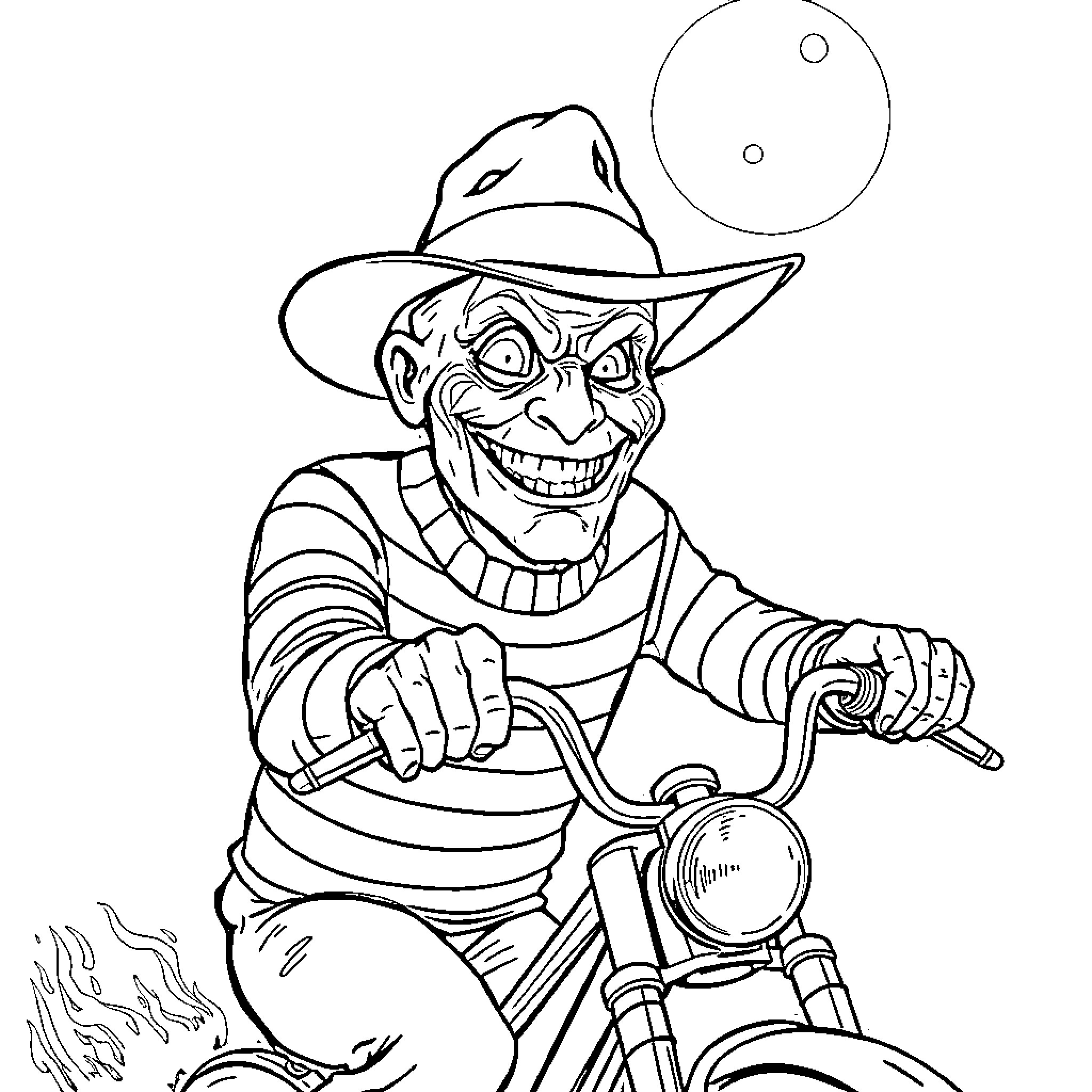 Freddy Krueger rides a motorcycle with a sinister grin Coloring Page (free black-and-white line drawing printable PDF for all, from beginners to advanced learners, including children, teens, adults, and seniors)