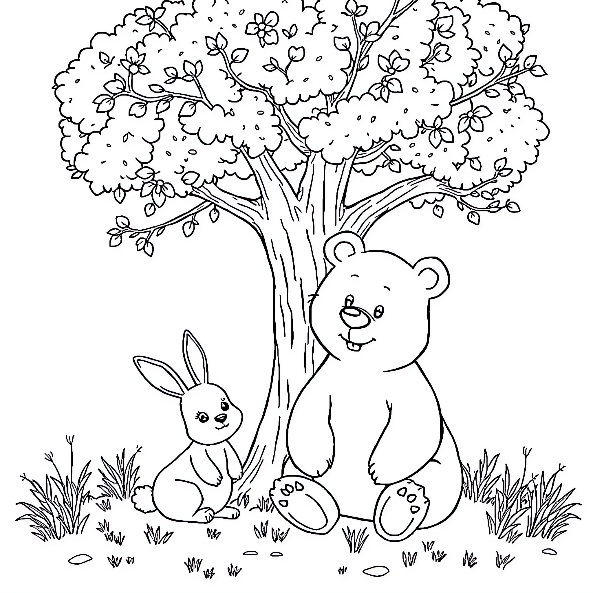 Rabbit and Bear Enjoying Nature Together Coloring Page (free black-and-white line drawing printable PDF for all, from beginners to advanced learners, including children, teens, adults, and seniors)