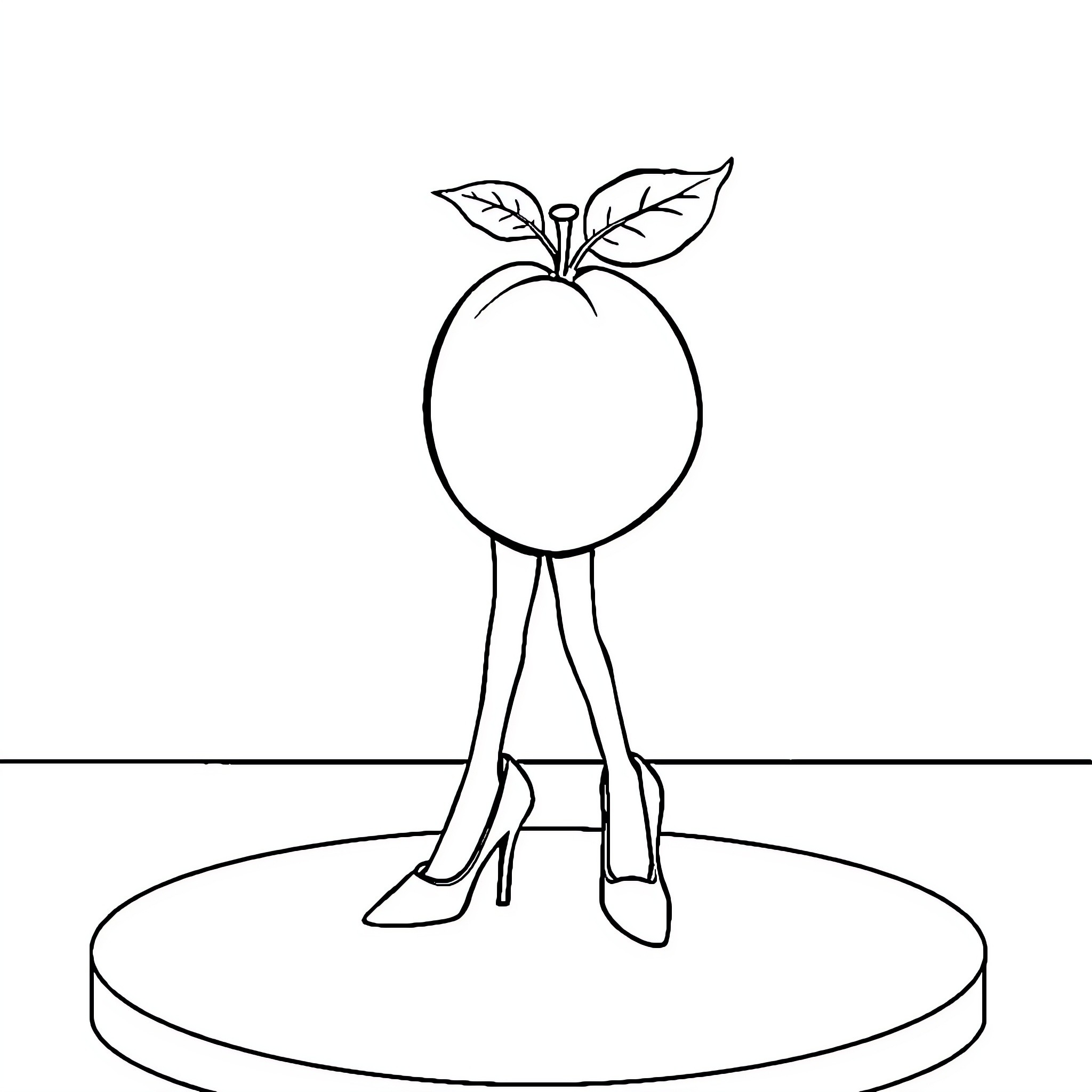 Peach fruit with stylized legs and high heels Coloring Page (free black-and-white line drawing printable PDF for all, from beginners to advanced learners, including children, teens, adults, and seniors)