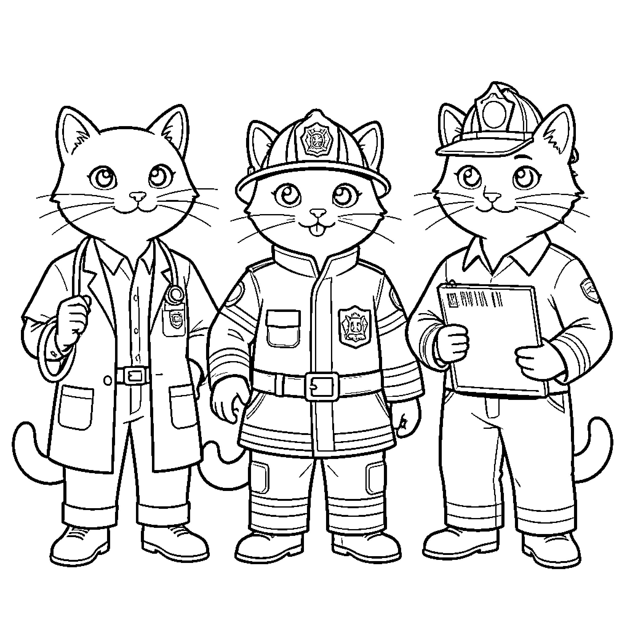 Cats in Uniforms: Firefighter, Doctor, and Police Officer Coloring Page (free black-and-white line drawing printable PDF for all, from beginners to advanced learners, including children, teens, adults, and seniors)